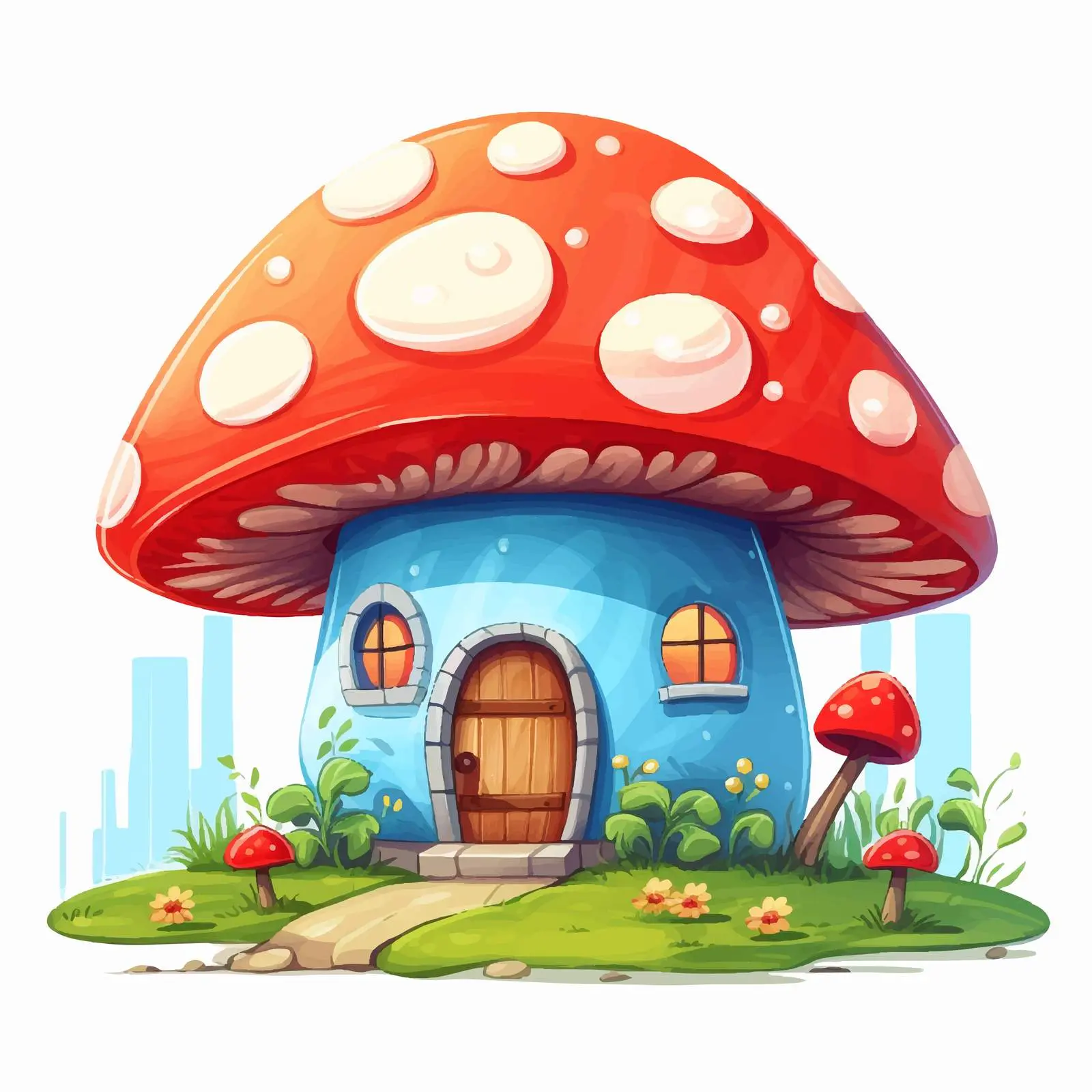 Red Mushroom House Vector Illustration on Blue Background — free download from Dotvec