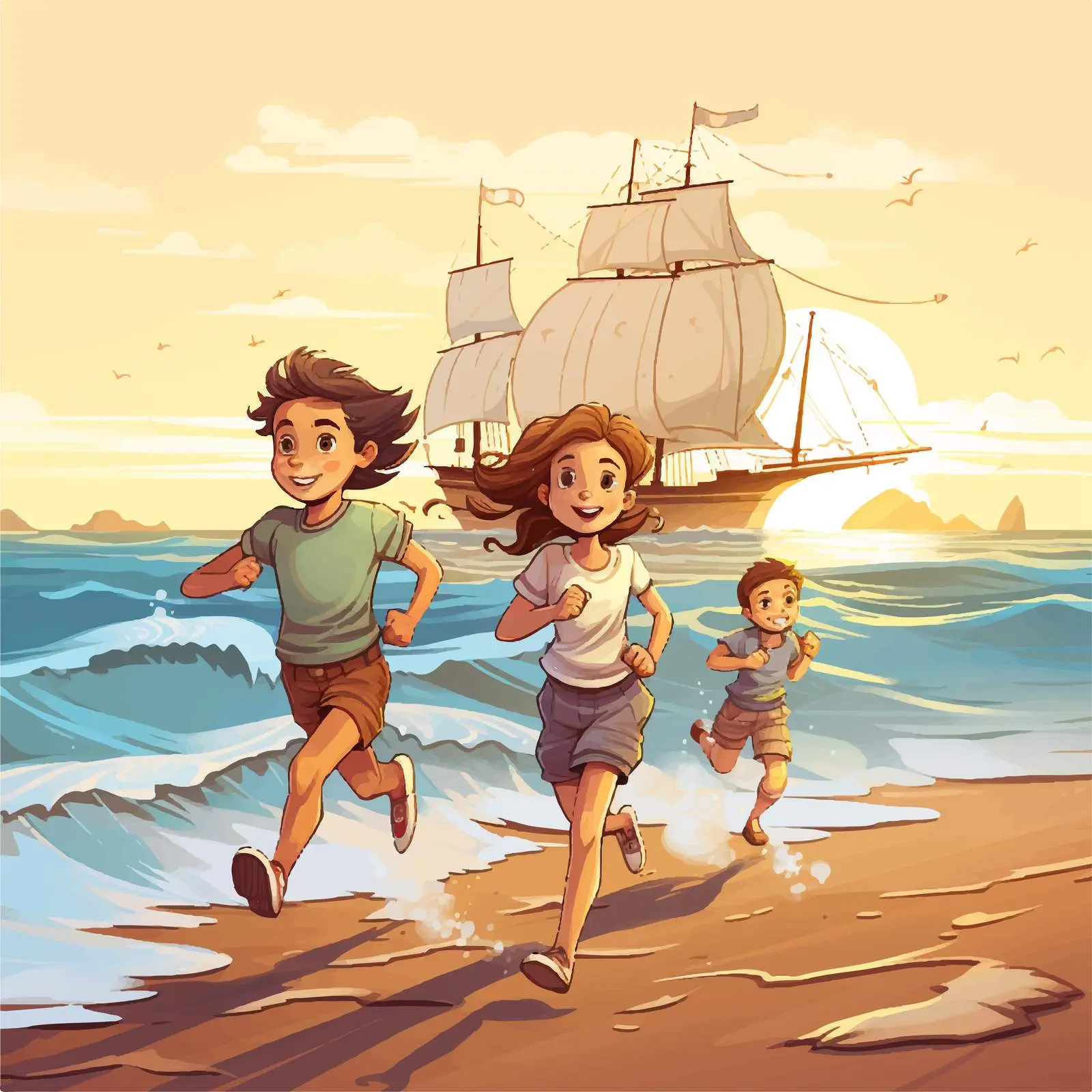 Children Playing by the Seaside Vector Illustration — free download from Dotvec