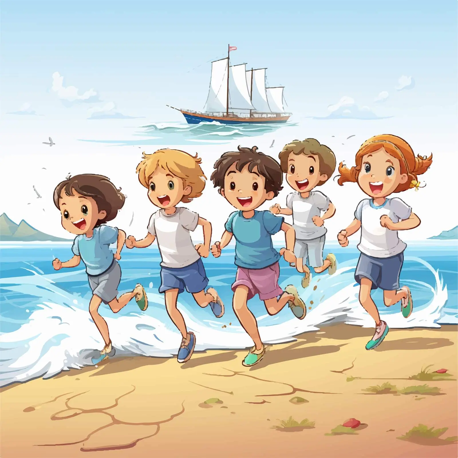 Children Running Joyfully by the Seaside — free download from Dotvec