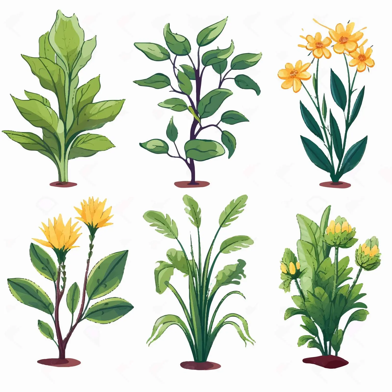 Six Non-Flowering Plants Illustration on White Background – free fossil image from Dotvec