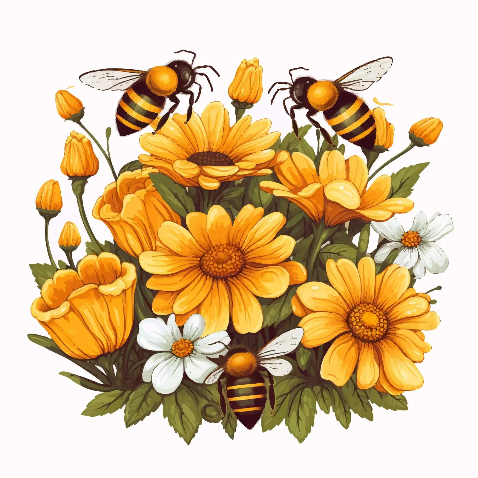 Blooming Flowers and Bees Vector Illustration — free download from Dotvec