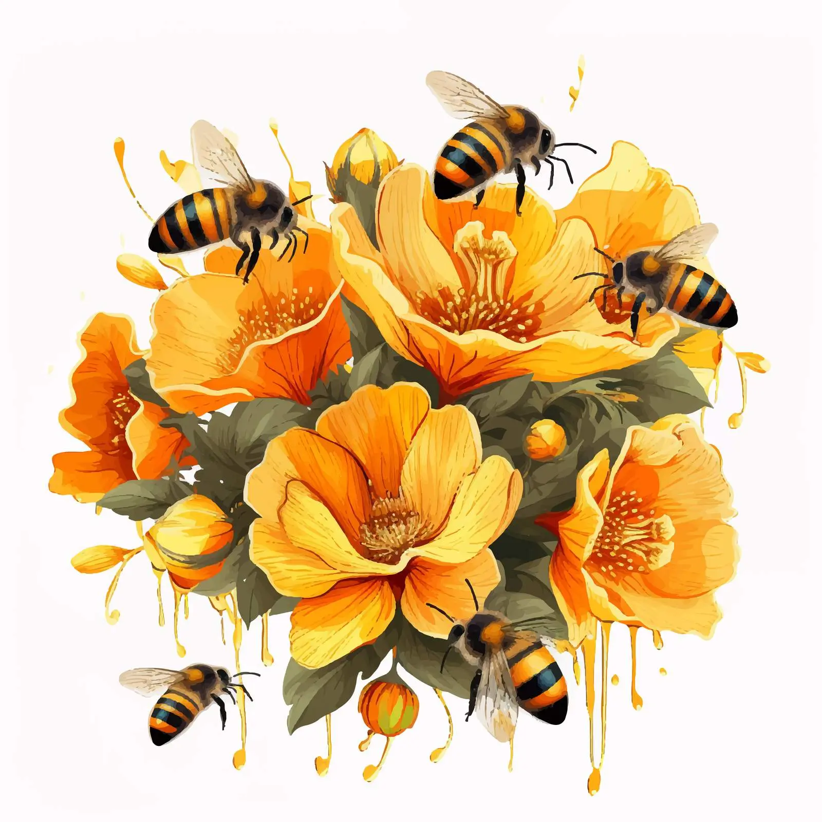 Blooming Flowers with Bees Illustration on White Background — free download from Dotvec