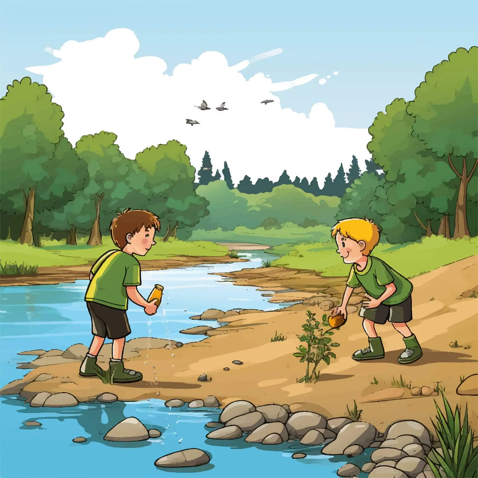 Boys Playing by the Riverbank - Vector Art — free download from Dotvec