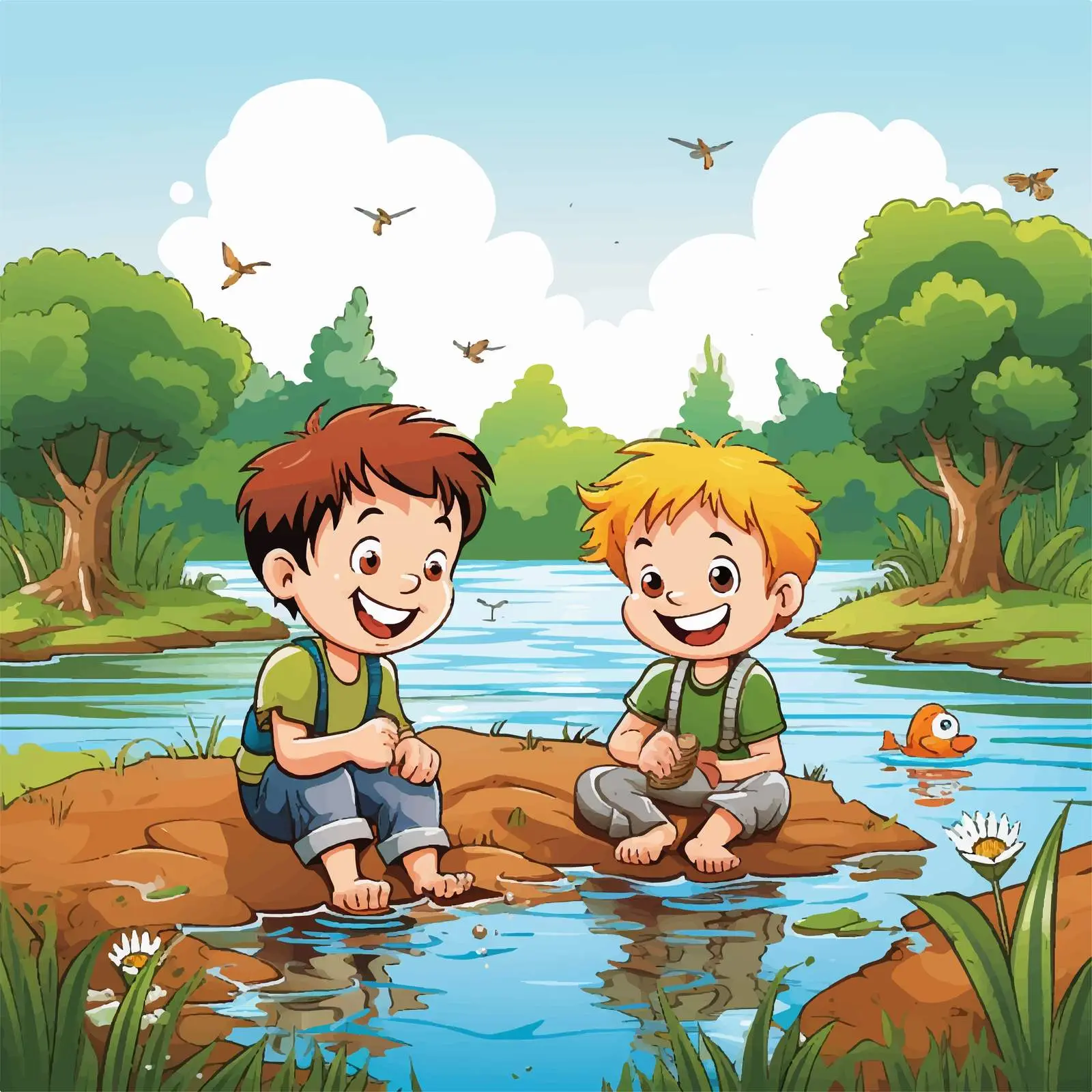 Boys Playing by the Riverbank Illustration — free download from Dotvec