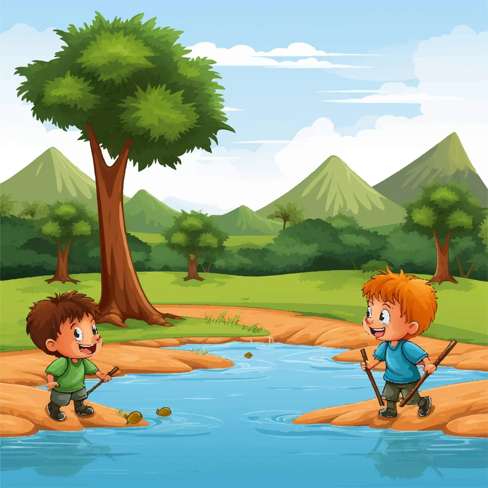 Boys Playing by the Riverbank Illustration — free download from Dotvec