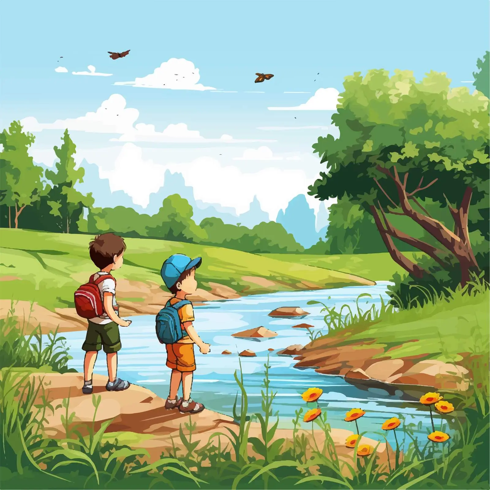 Boys Playing at Riverbank Vector Illustration — free download from Dotvec