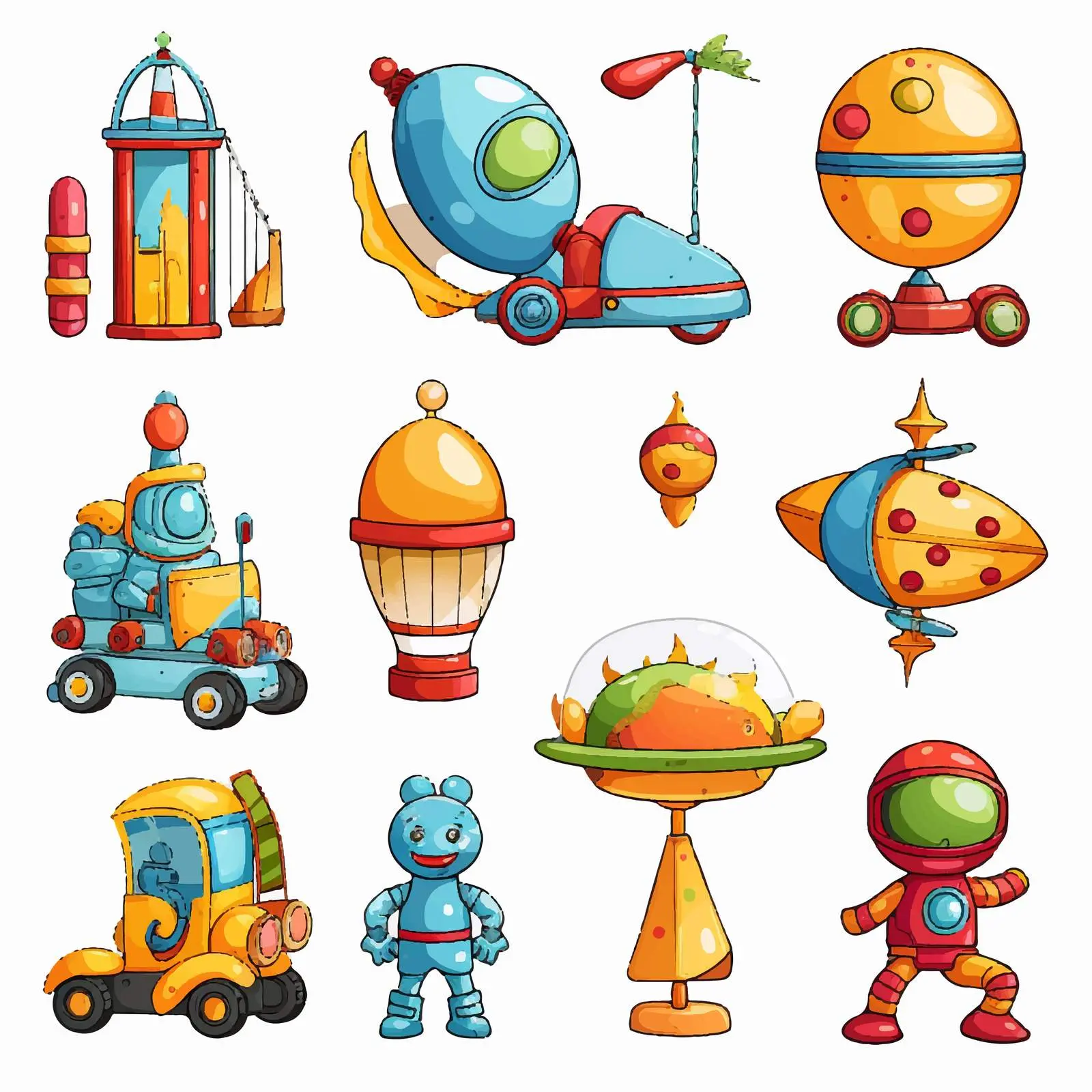 Variety of Toys on White Background Illustration – free cartoon toys image from Dotvec