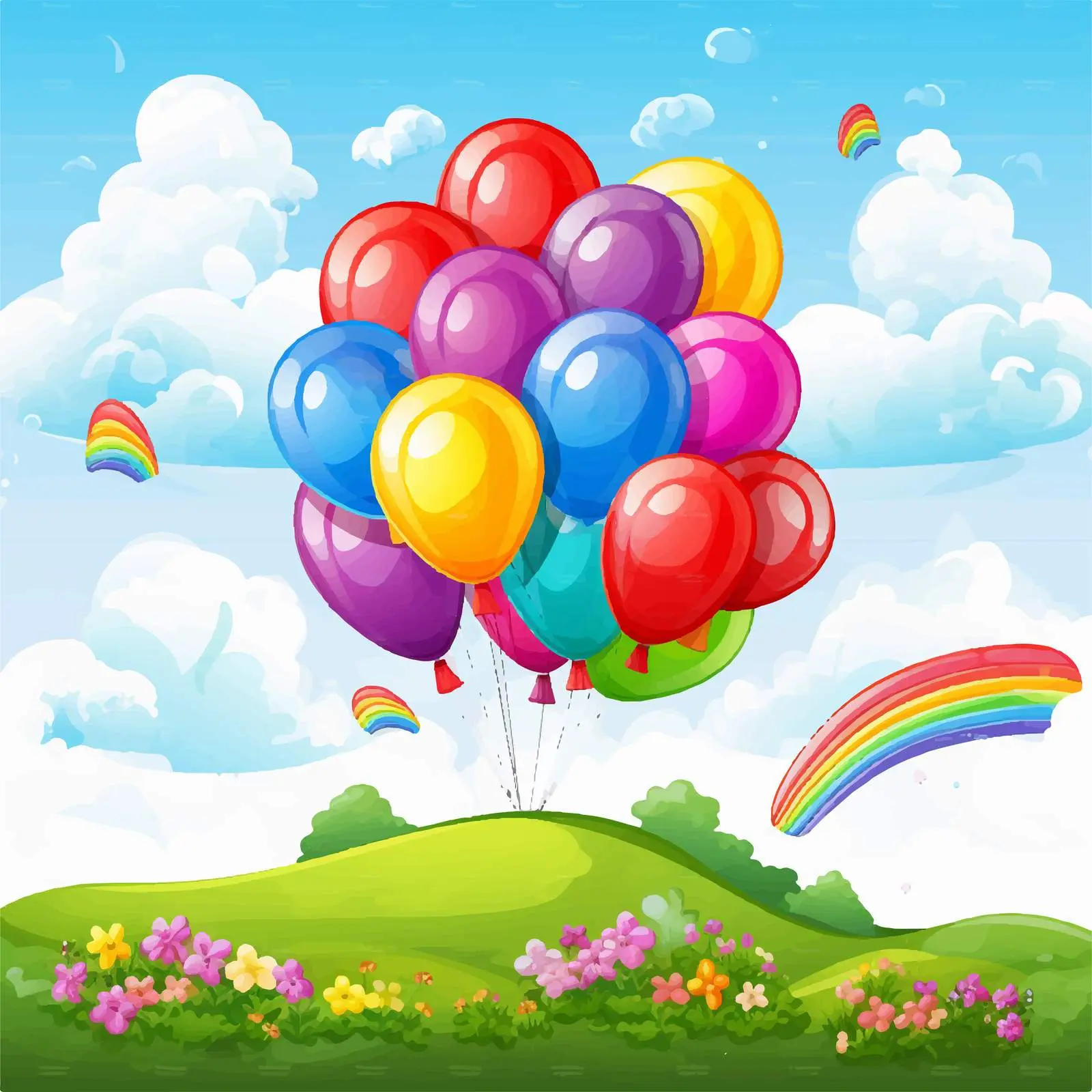 Floating Balloons at Hilltop Illustration — free download from Dotvec