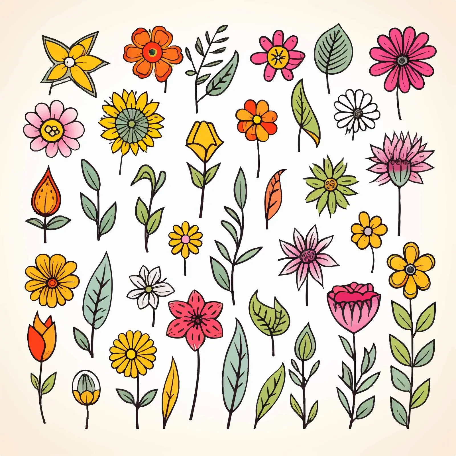 Doodle Design of Colorful Flowers on White Background — free download from Dotvec