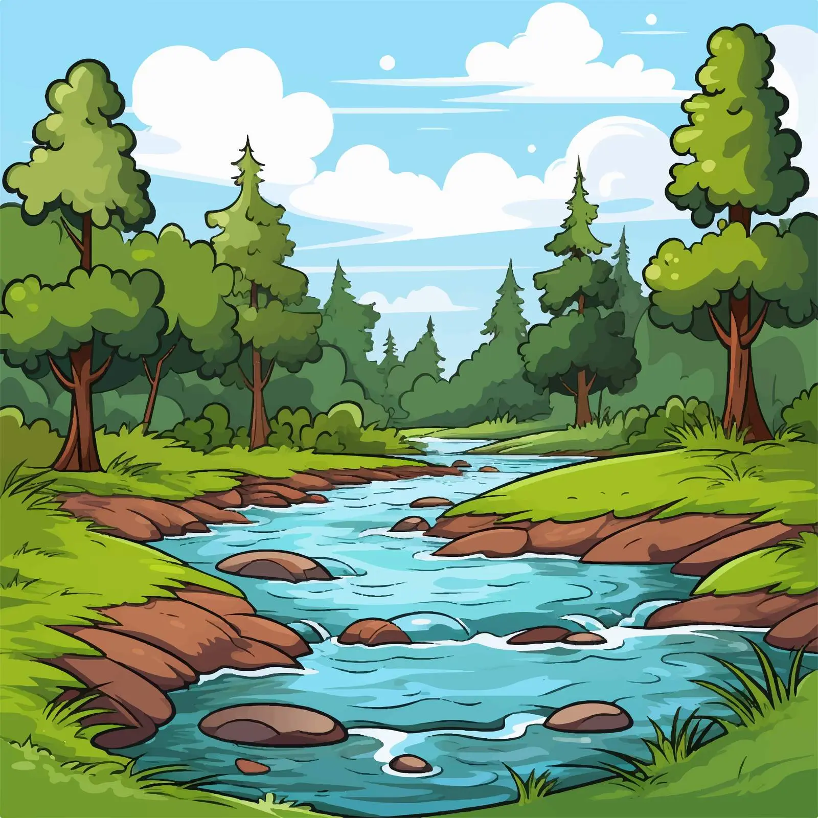 Flowing River Illustration in Lush Forest — free download from Dotvec