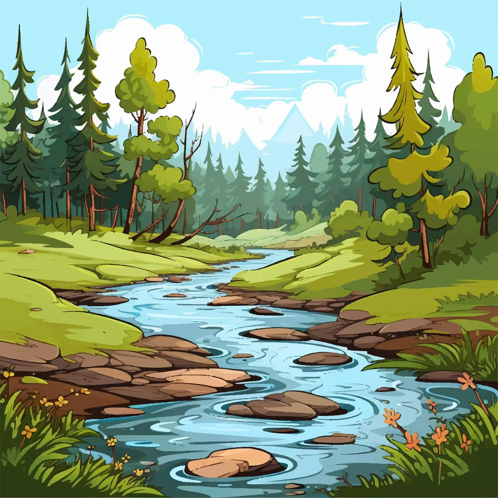 Flowing River Illustration in Forest Setting — free download from Dotvec