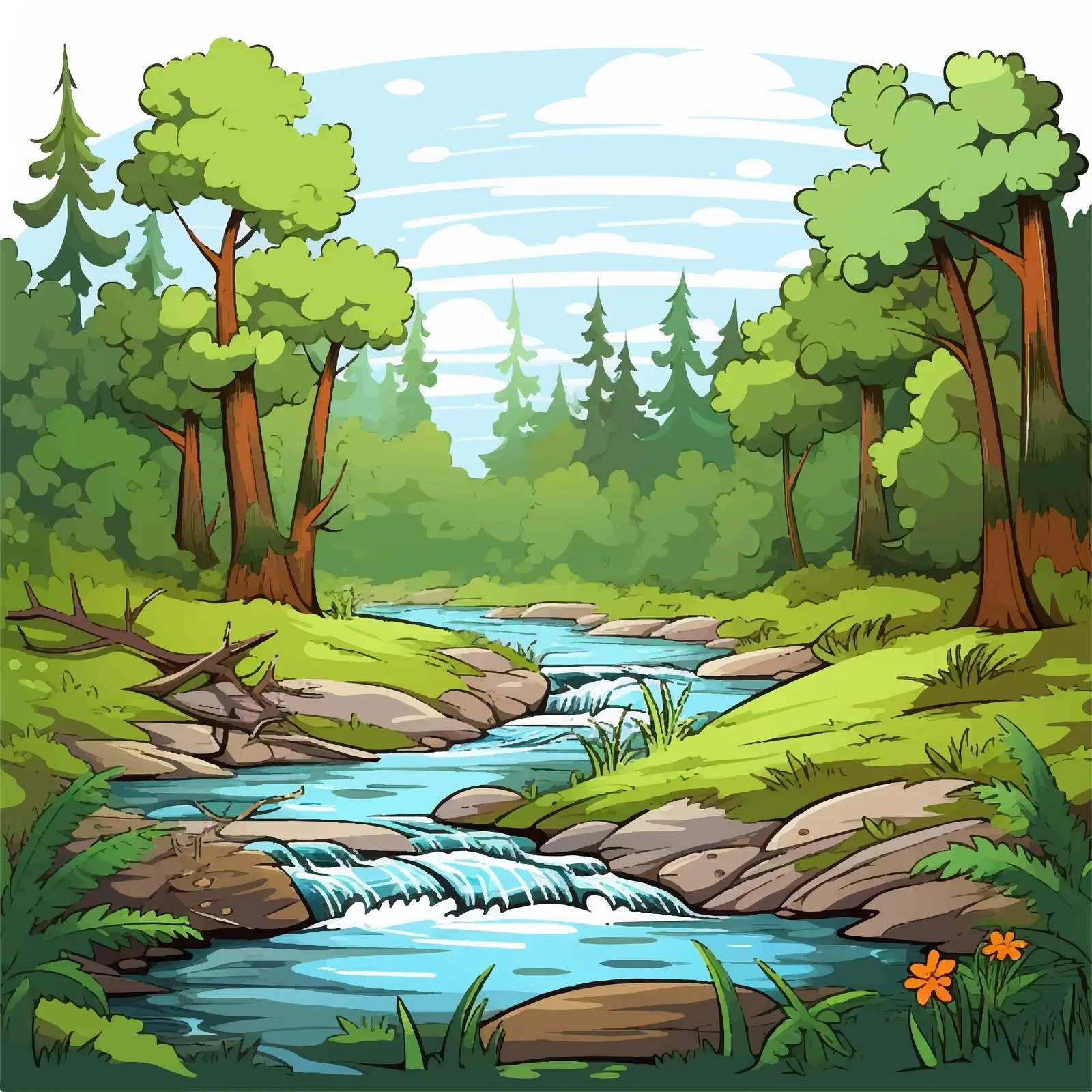 Flowing River Illustration in Forest Setting – free forest vector image from Dotvec
