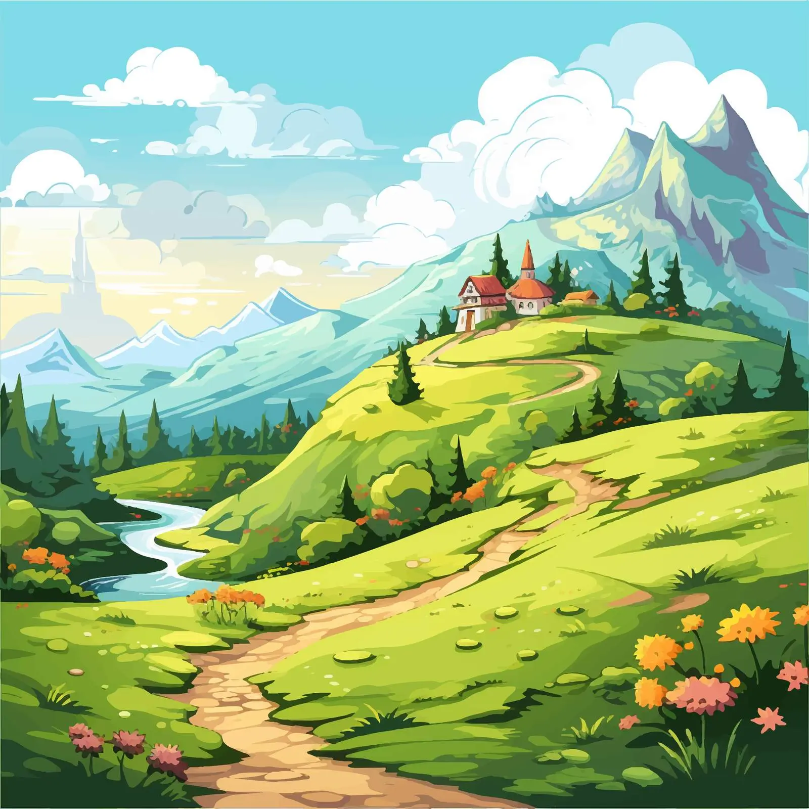 Hills and Village Vector Illustration — free download from Dotvec