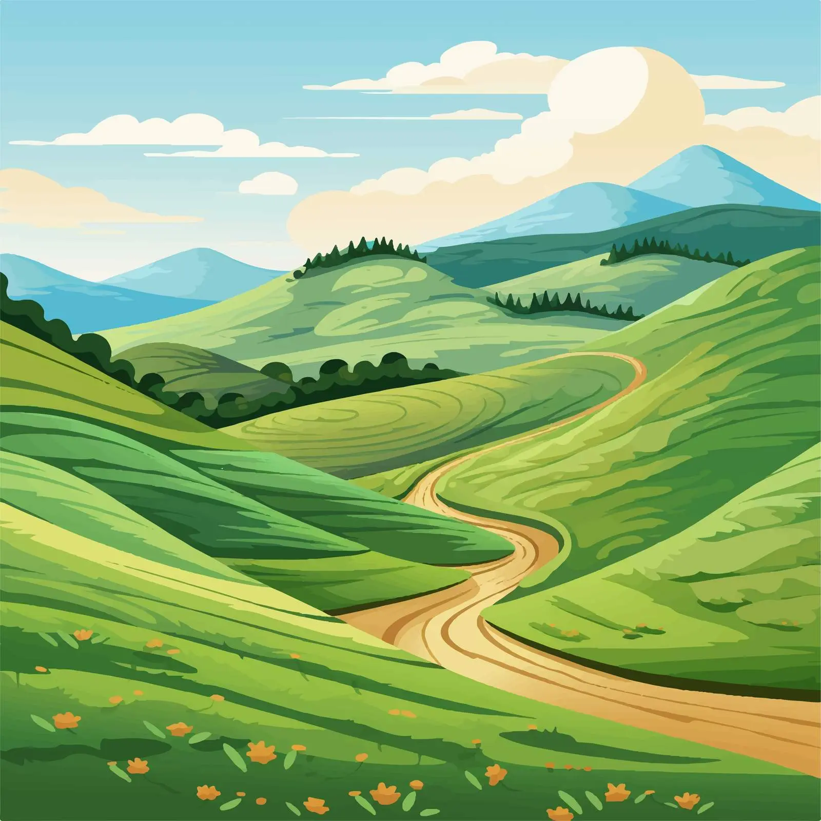 Vector Illustration of Village Hills Landscape — free download from Dotvec