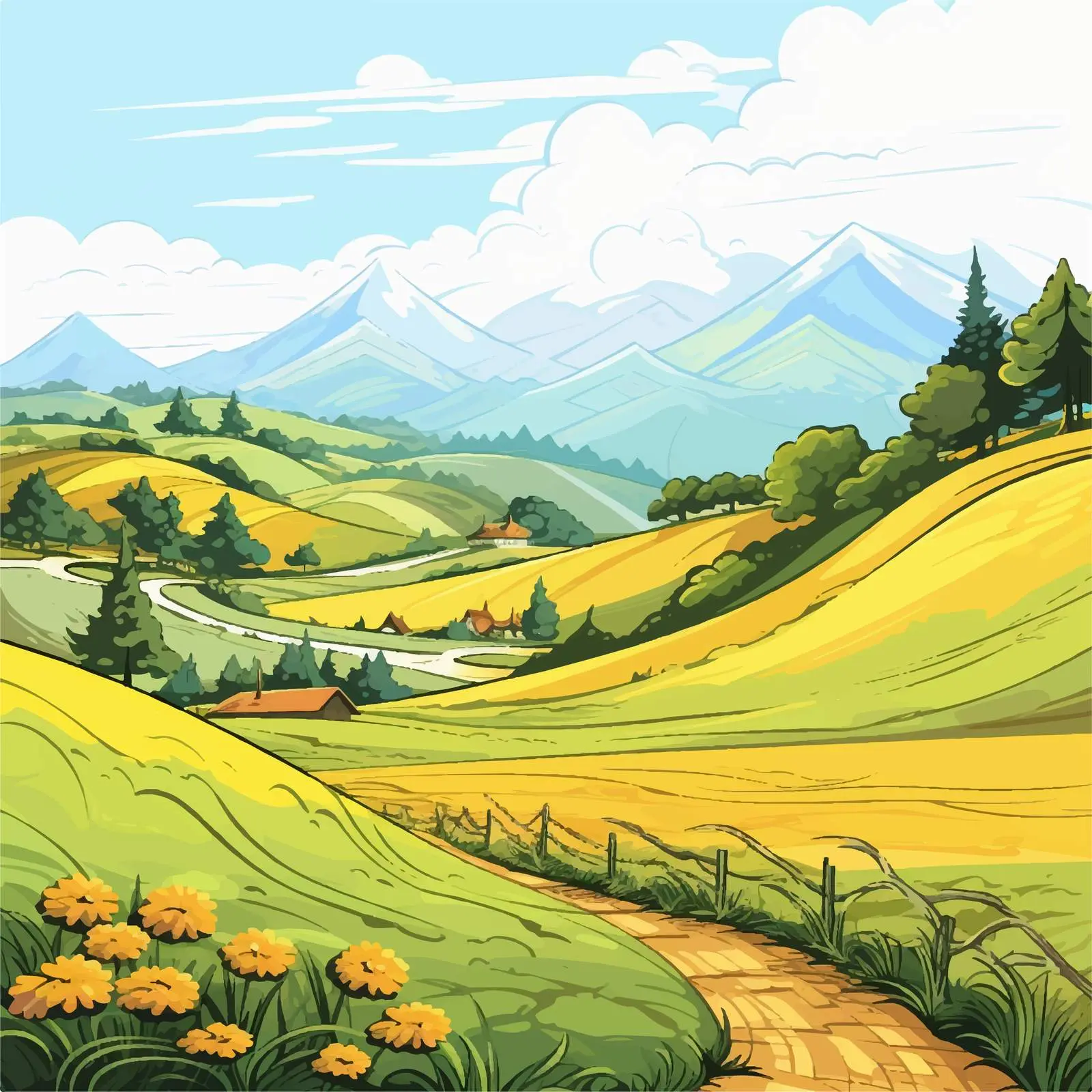 Hills Near Village Vector Illustration — free download from Dotvec
