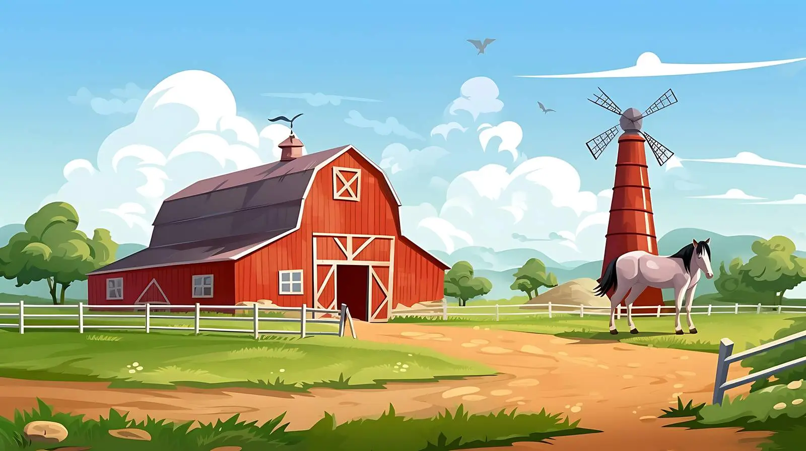 Horses at Farm Near Red Illustration — free download from Dotvec