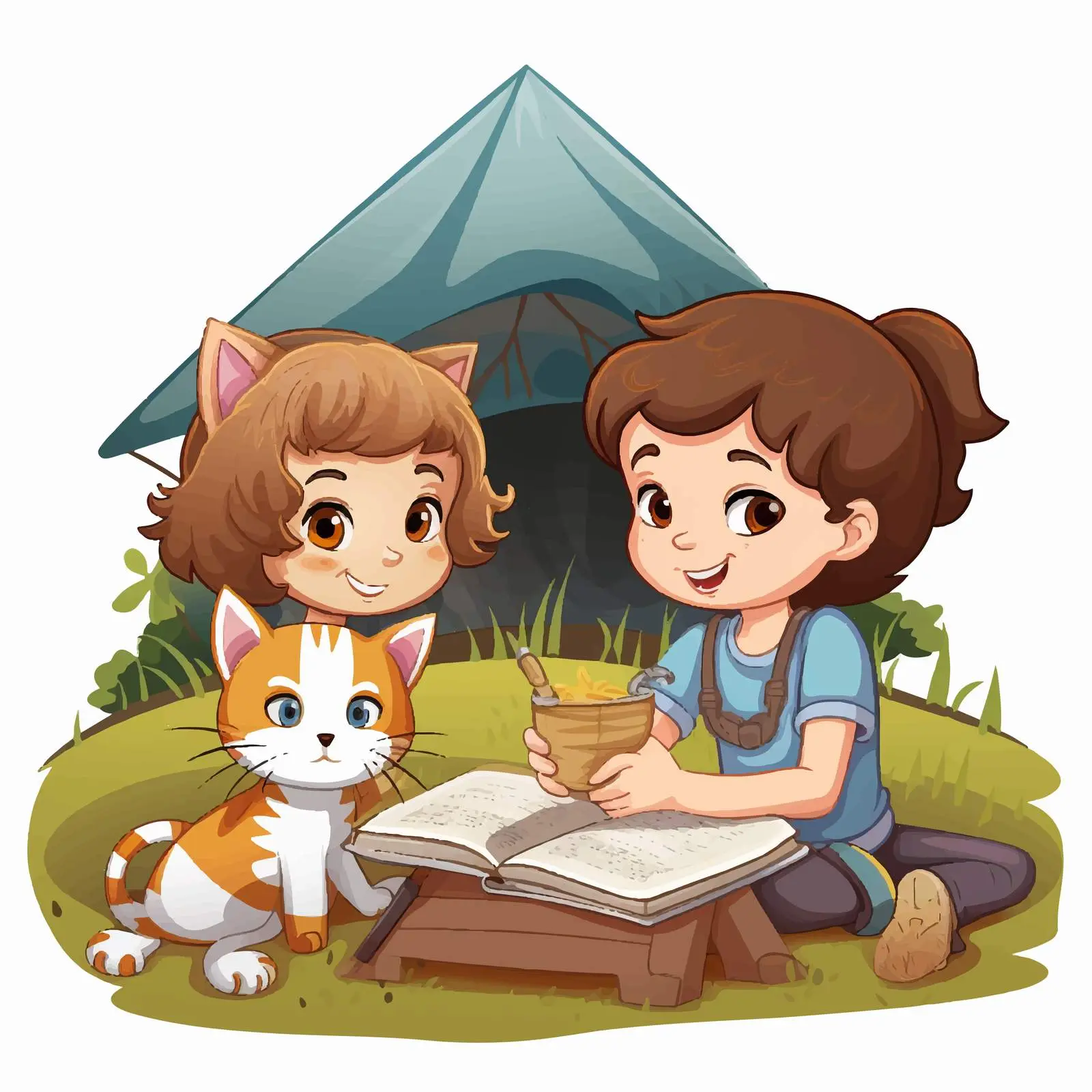 Kids Studying Outdoors with a Cat Illustration — free download from Dotvec