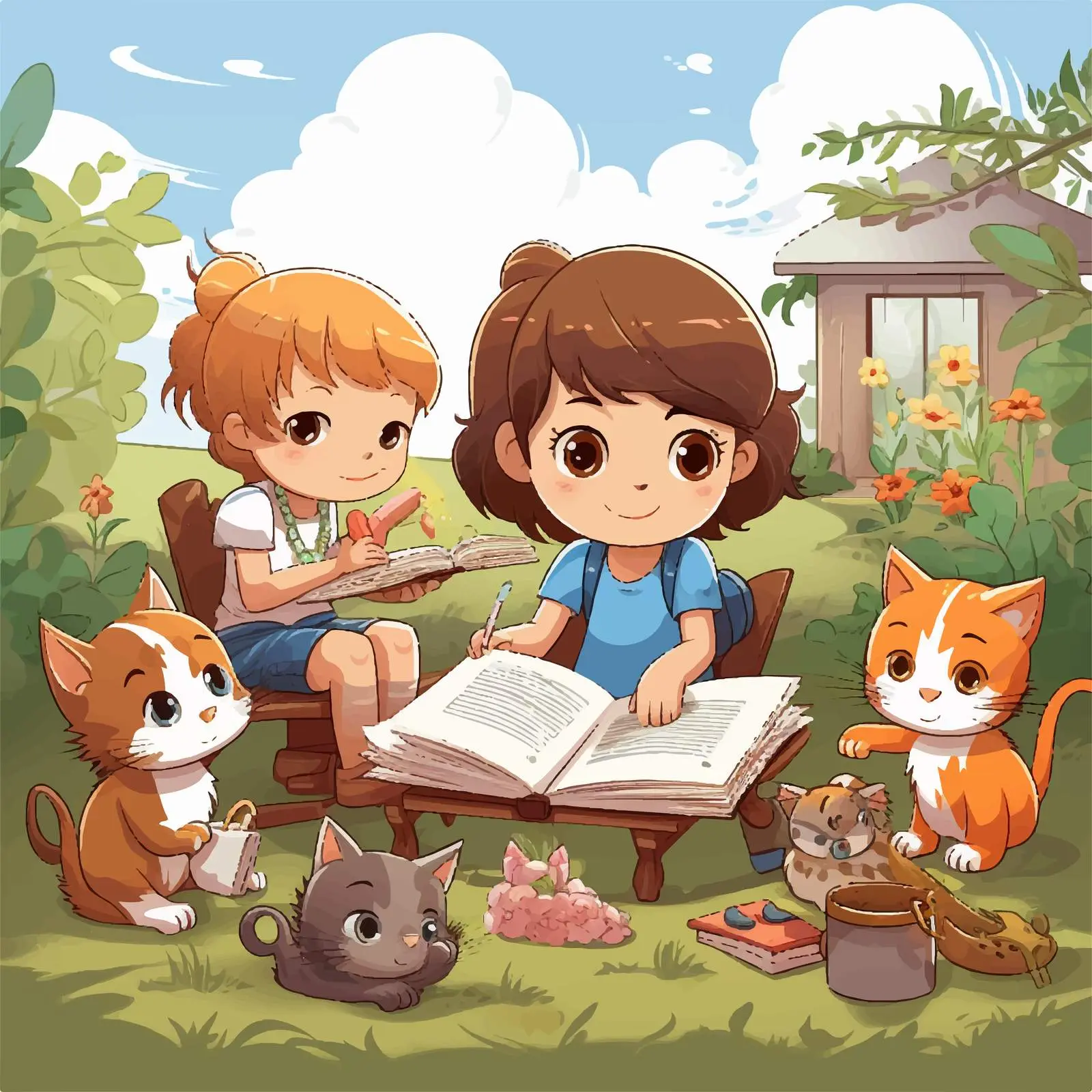 Children Studying Outdoors with a Cat Illustration — free download from Dotvec