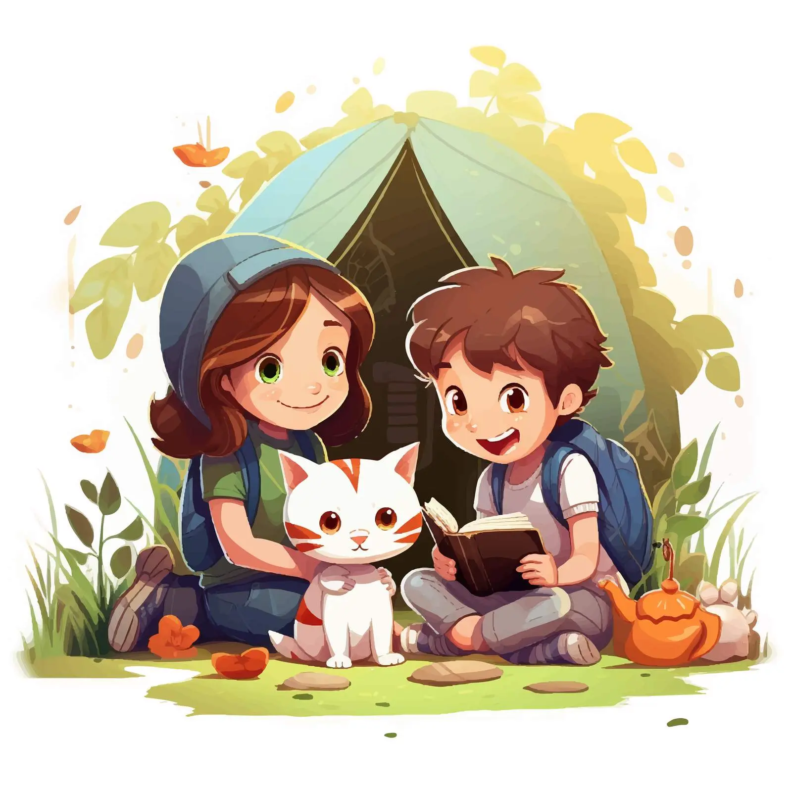 Kids Studying Outdoors with a Cat Illustration — free download from Dotvec