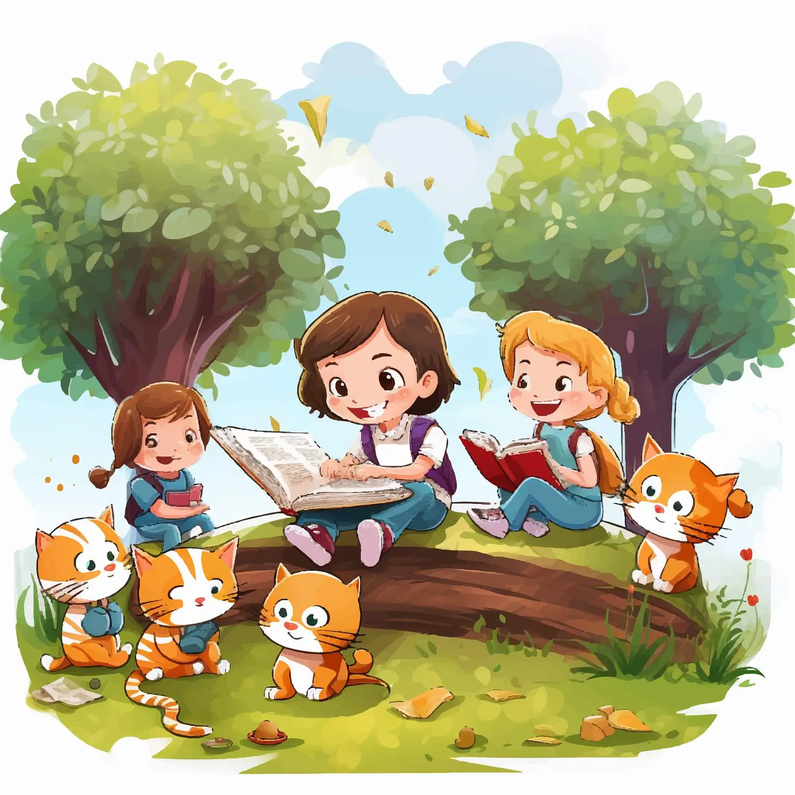 Kids Studying Outdoors with a Cat Illustration – free outdoor learning image from Dotvec