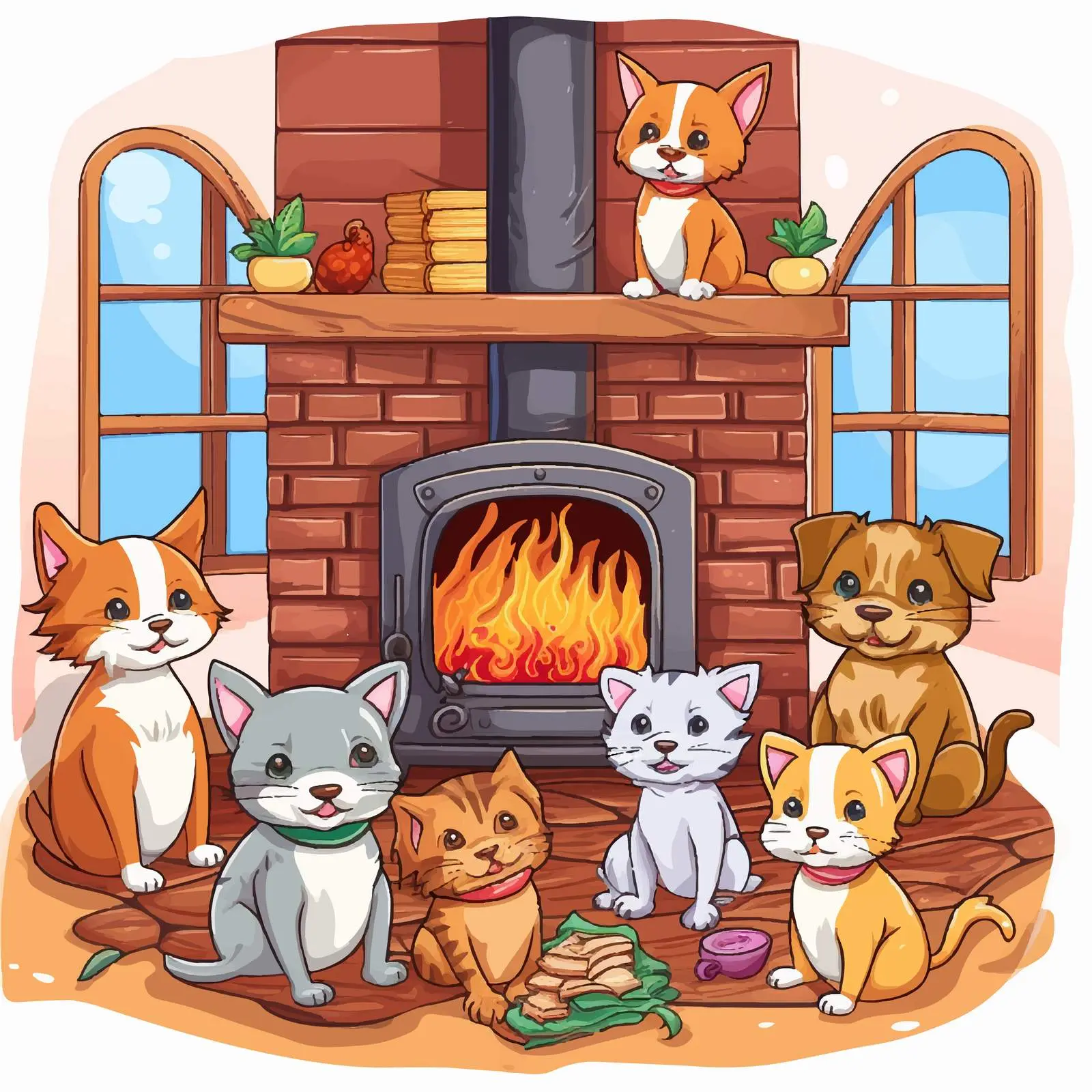 Cozy Pets by the Fireplace Illustration — free download from Dotvec