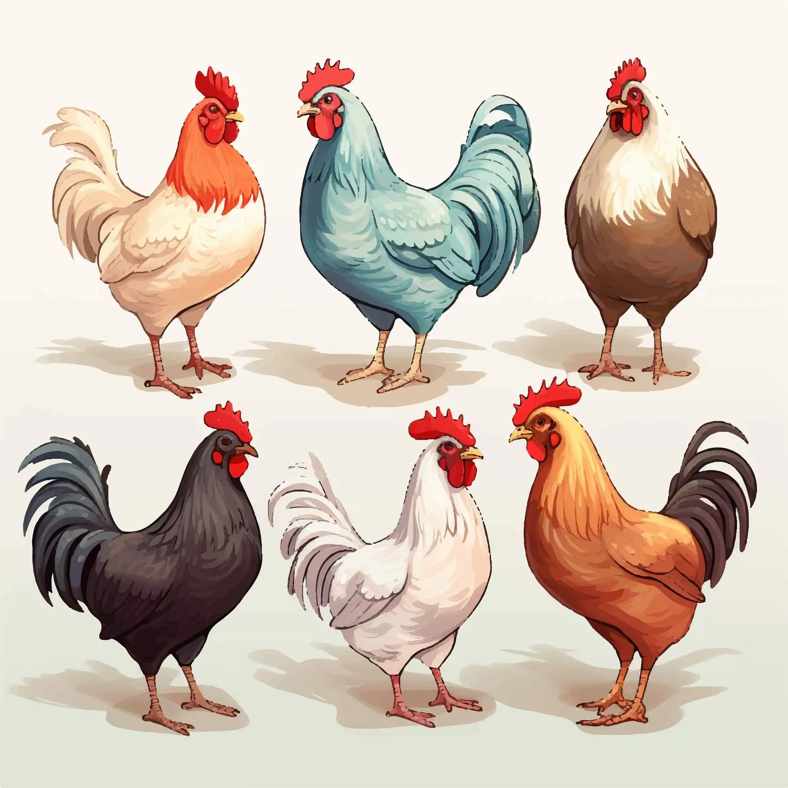 Six Hens Illustration on White Background – free chicken illustration image from Dotvec