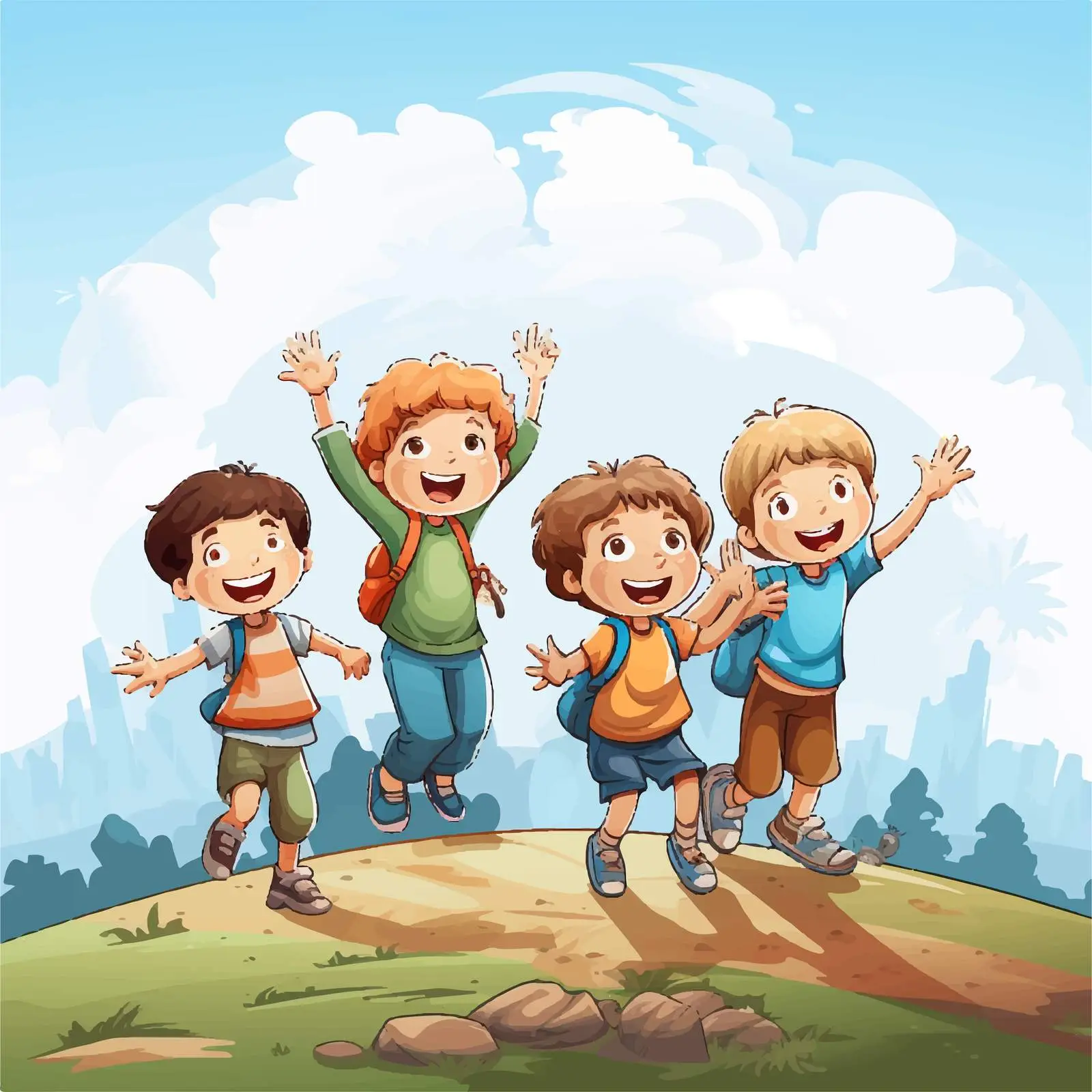 Playful Kids on a Hill Vector Illustration — free download from Dotvec