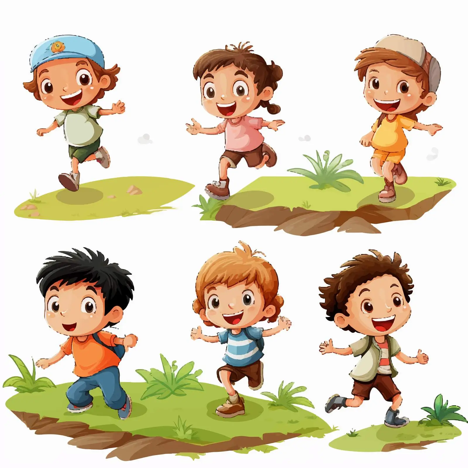Six Playful Kids on a Hill Vector Illustration — free download from Dotvec