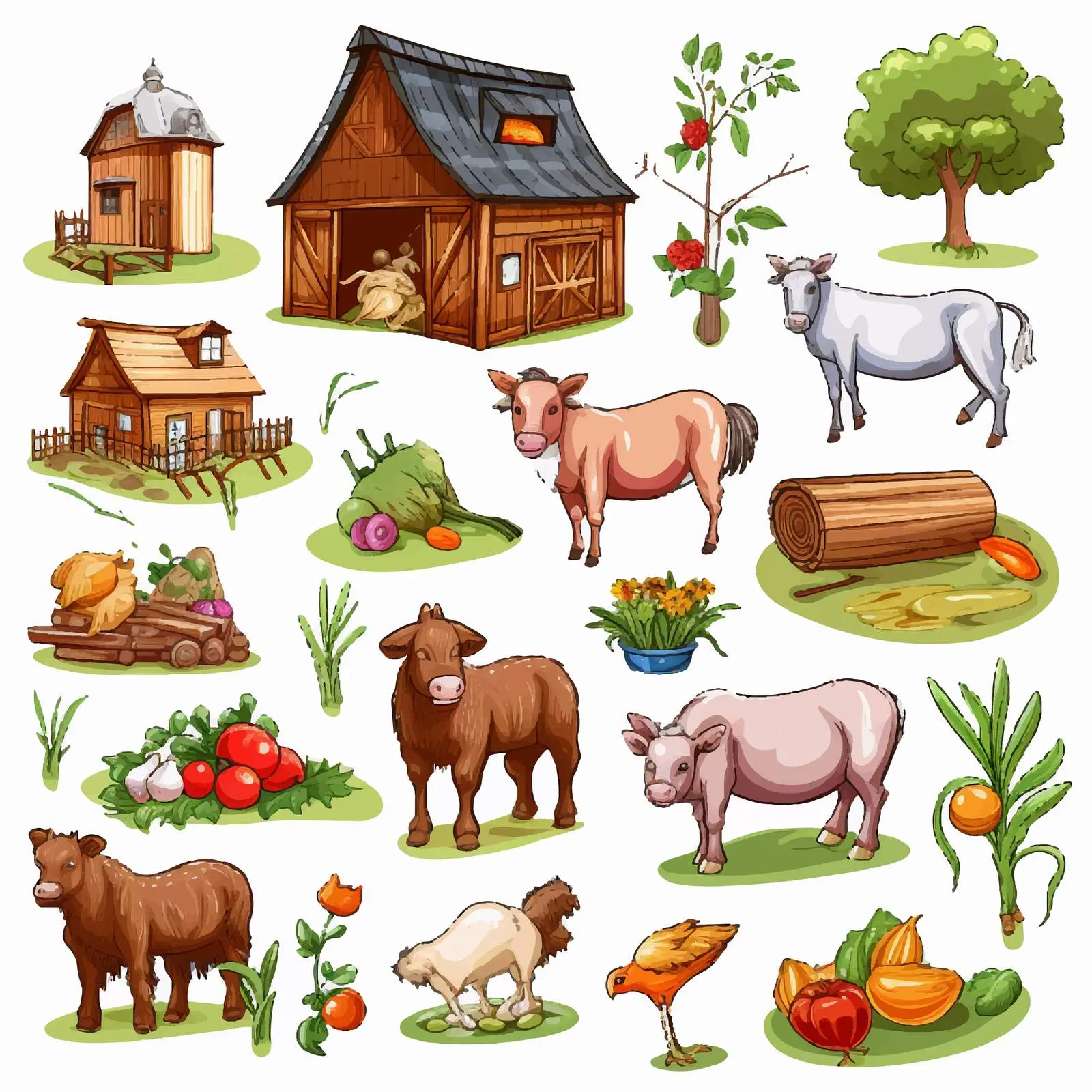 Farm Animals and Objects Illustration — free download from Dotvec