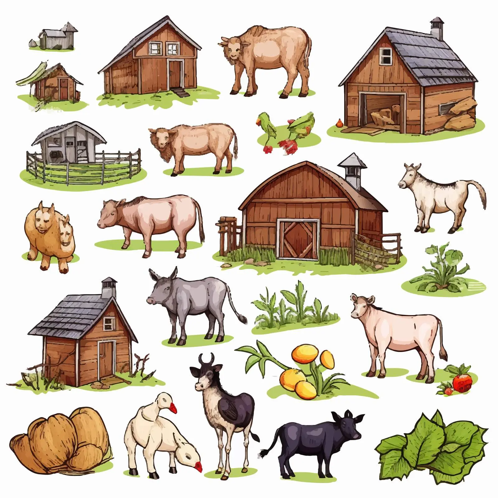 Farm Animals and Objects Vector Illustration — free download from Dotvec