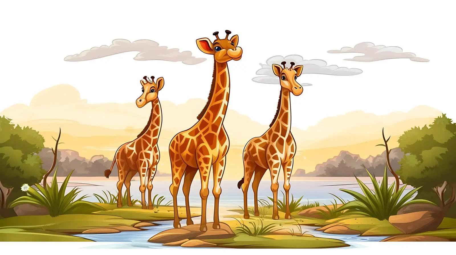 Three Giraffes Riverside Scene Illustration — free download from Dotvec