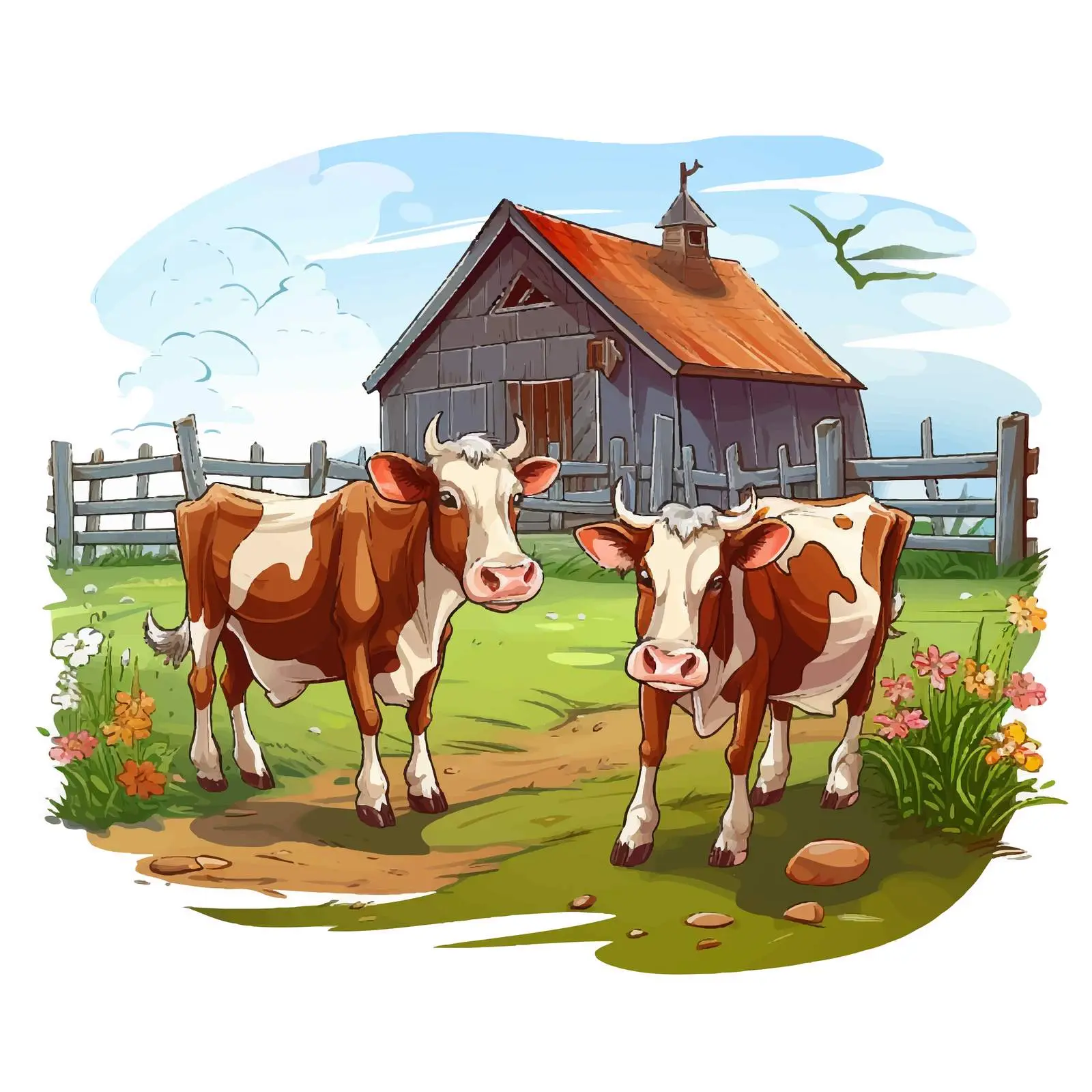 Two Cows at Farm with Barn and Fence — free download from Dotvec