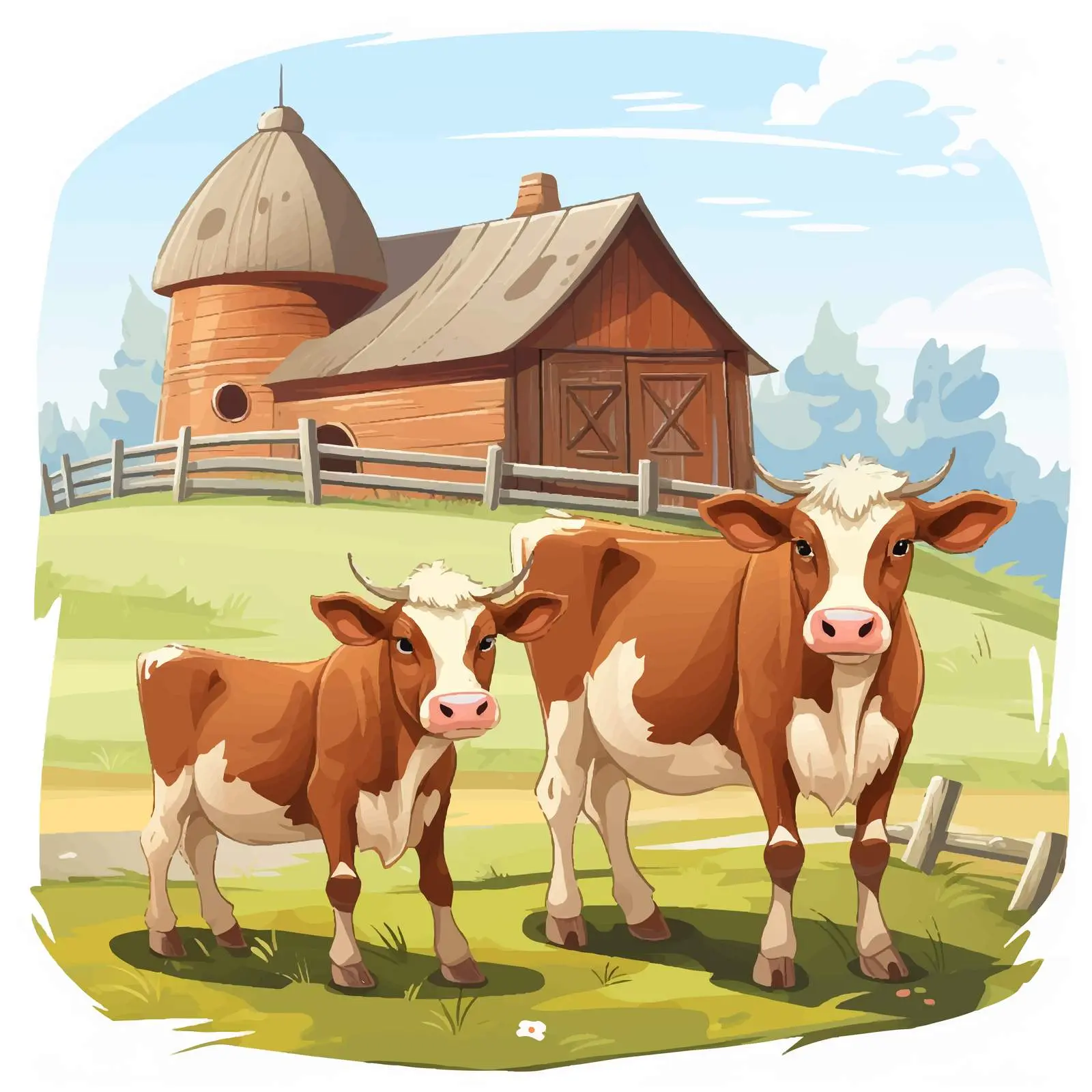 Two Cows at Farm with Barn and Fence — free download from Dotvec
