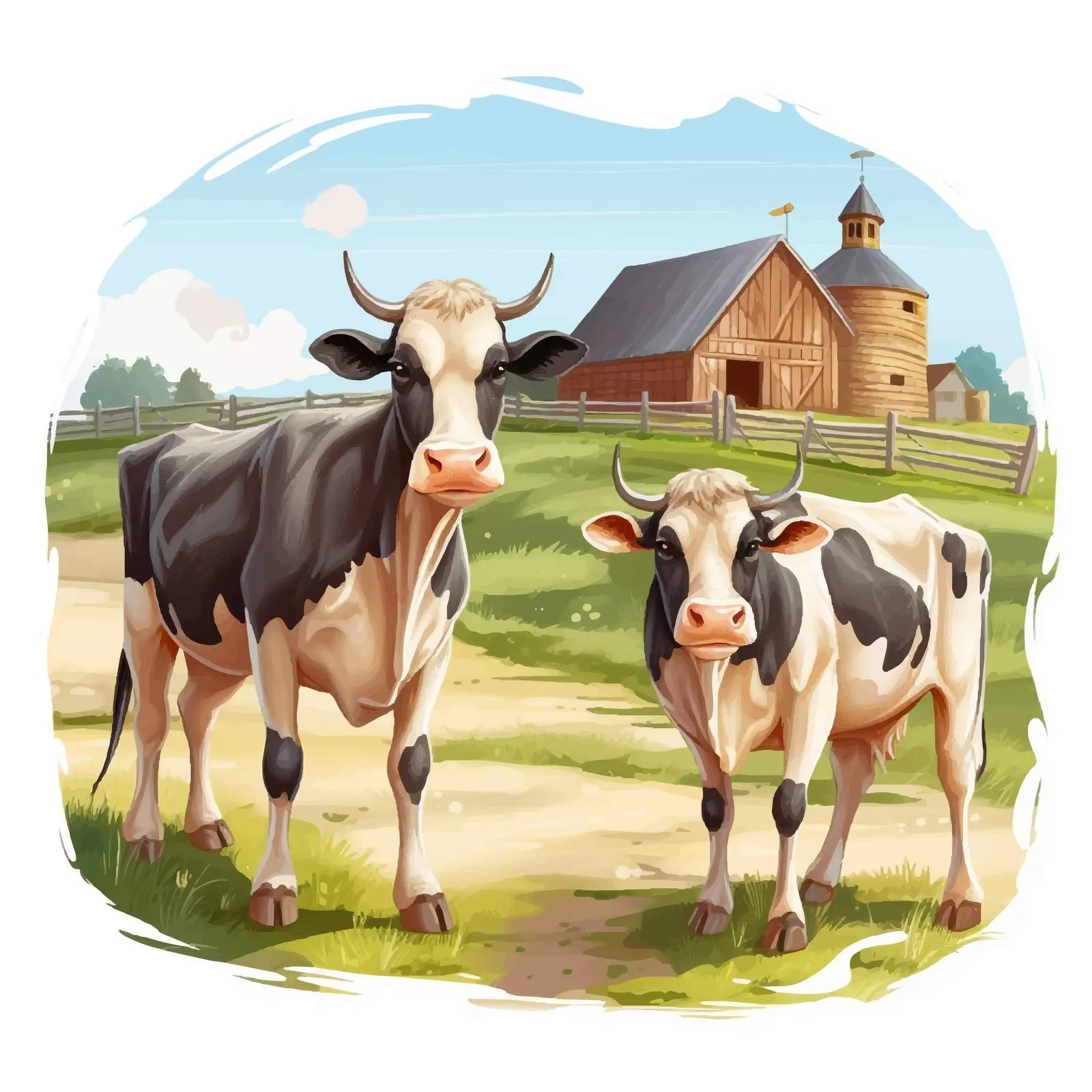 Two Cows at Farm Illustration with Barn — free download from Dotvec