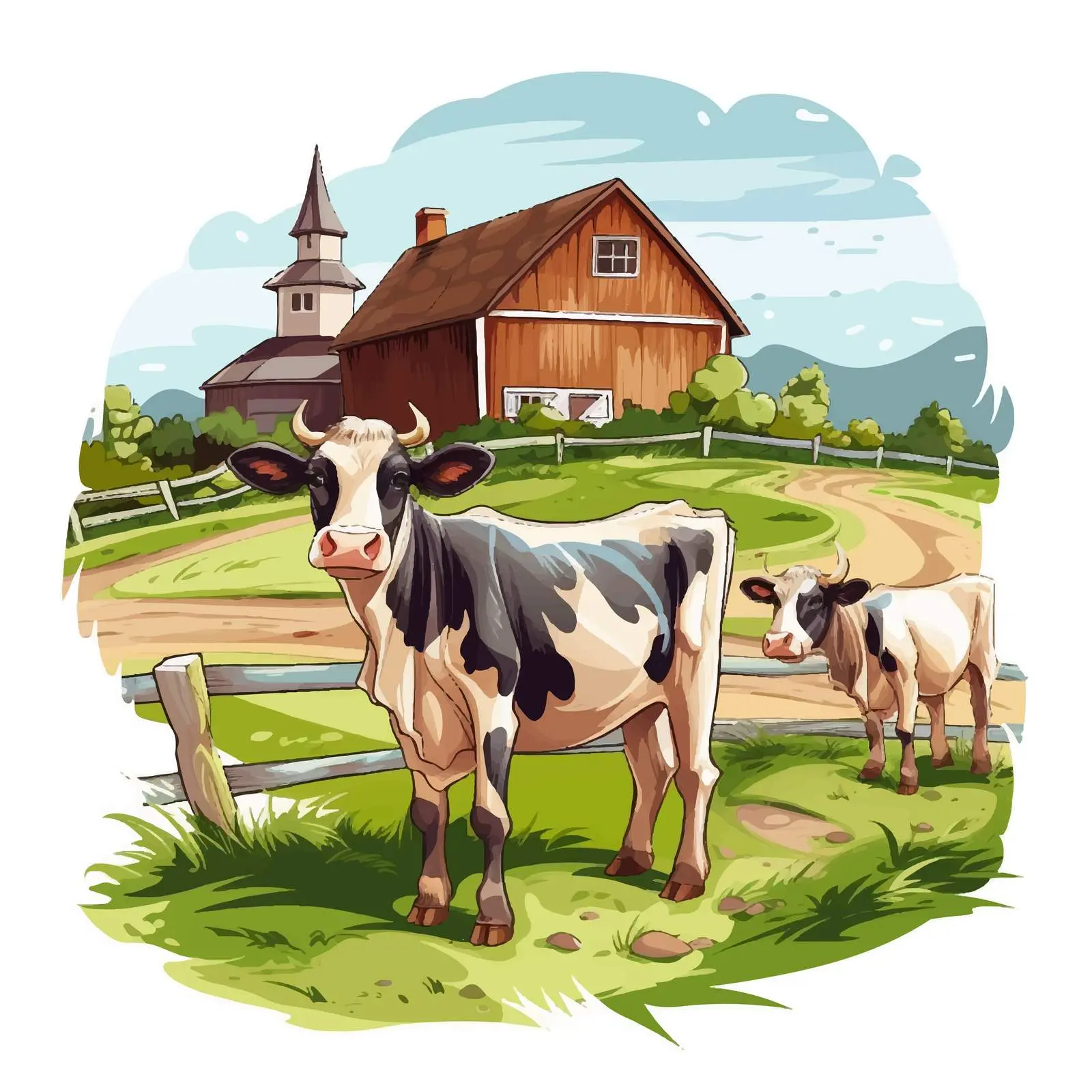 Two Cows at Farm with Barn and Fence – free pastoral scene image from Dotvec