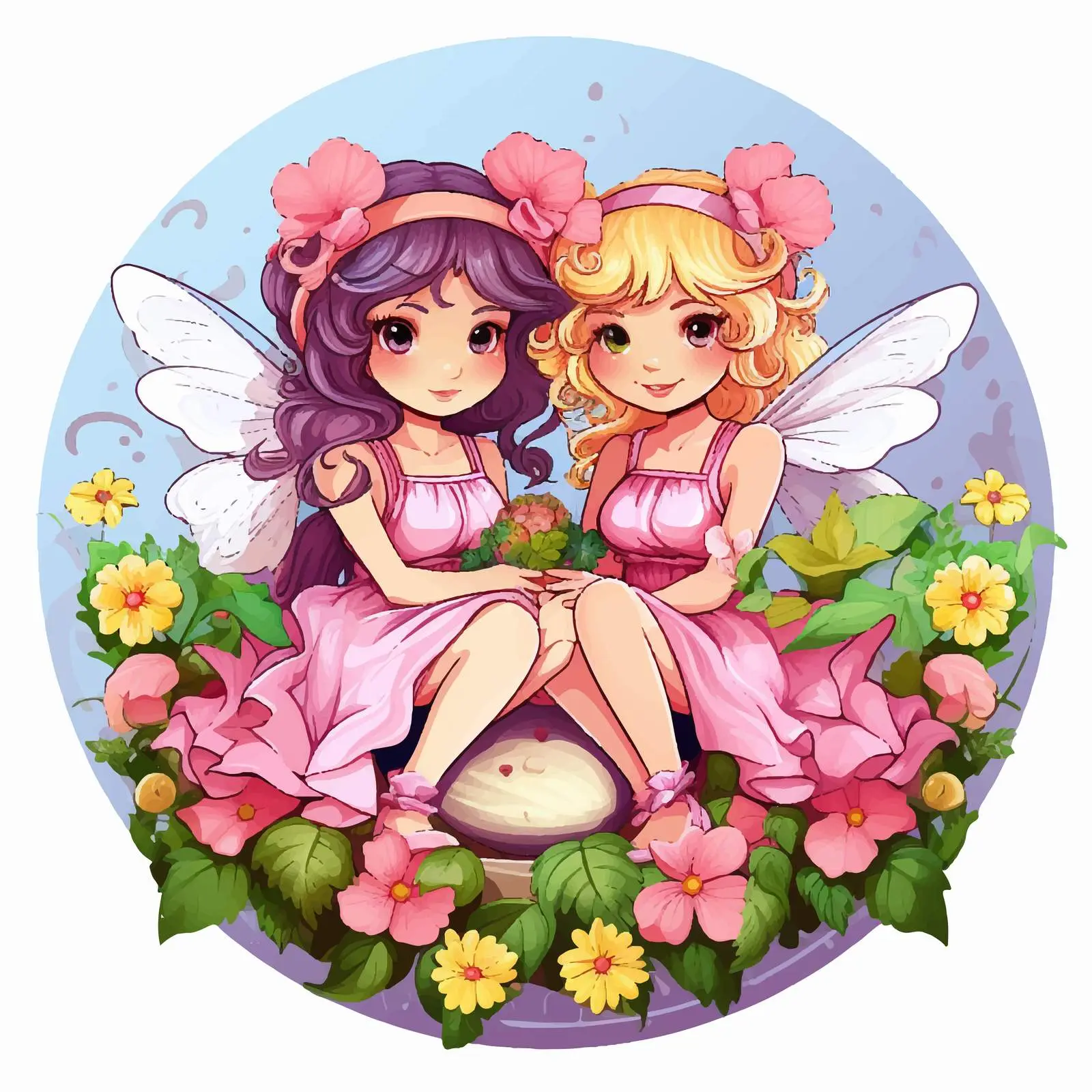 Two Fairies Under Colorful Flowers Illustration – free fairyland image from Dotvec