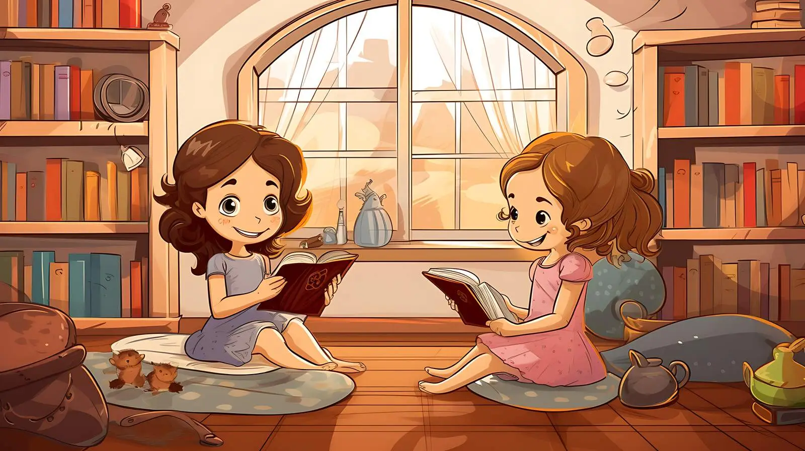 Girls in Room with Book Illustration — free download from Dotvec