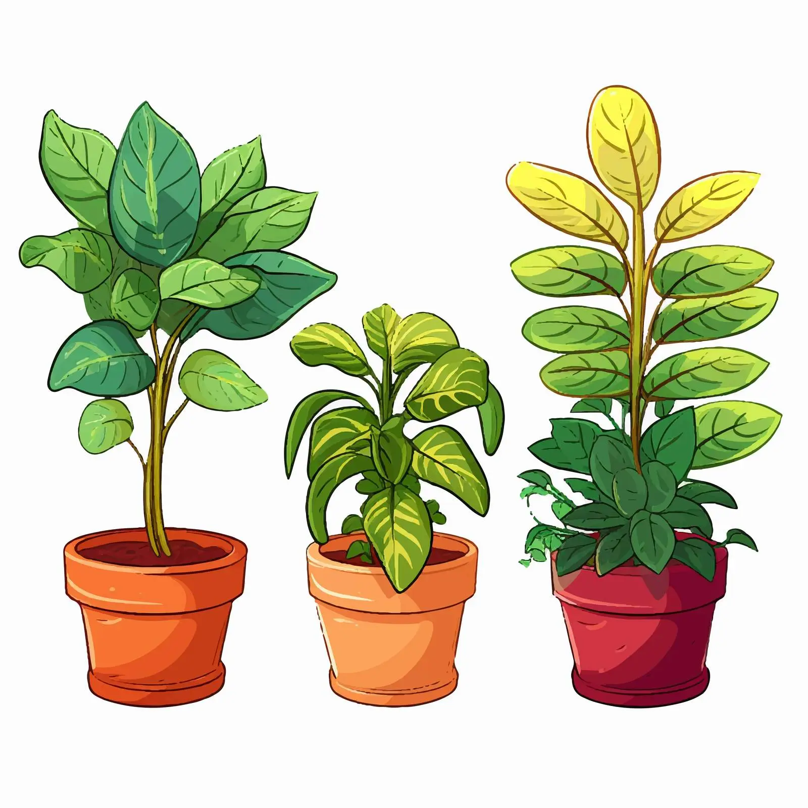 Three Cartoon Potted Plants Vector Illustration – free cartoon plants image from Dotvec