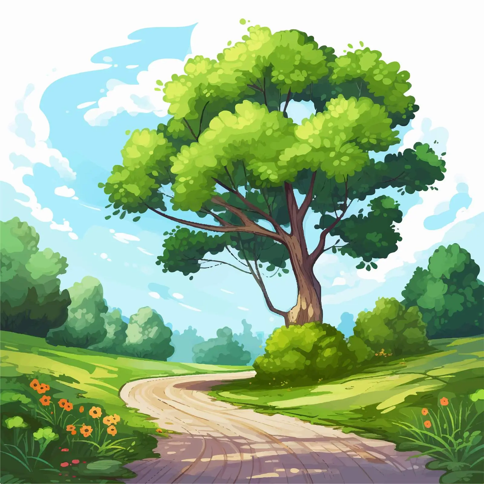 Tree Beside Road in Beautiful Nature Illustration — free download from Dotvec
