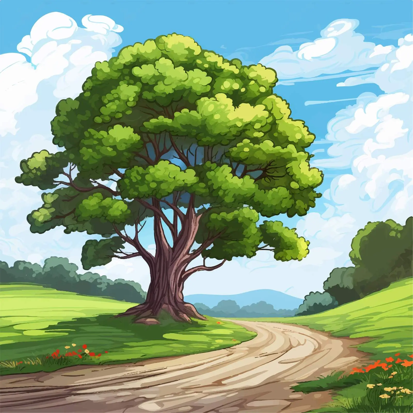 Tree Beside Road in Scenic Nature Illustration — free download from Dotvec