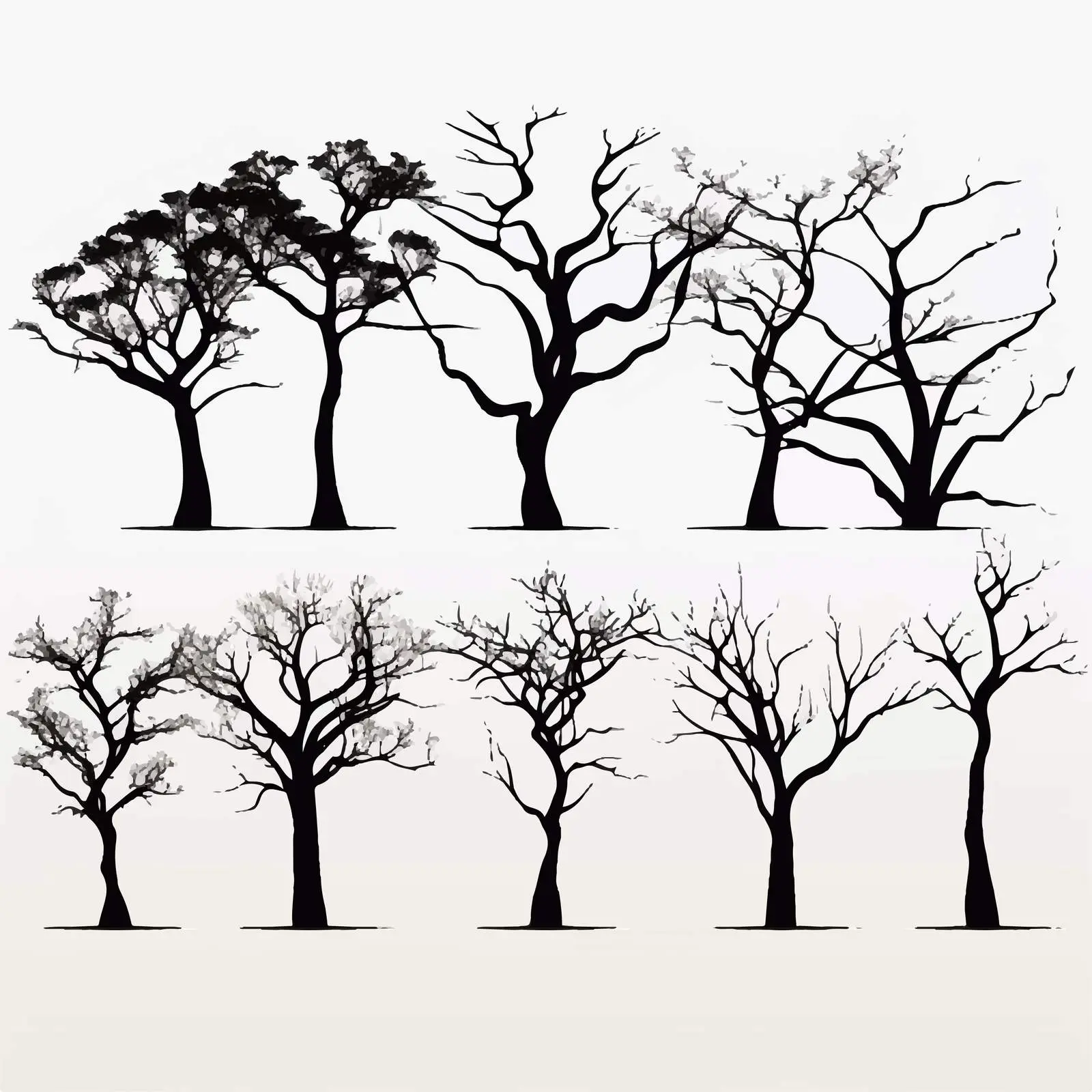 Tree Silhouettes Vector Illustration on White Background – free cartoon trees image from Dotvec