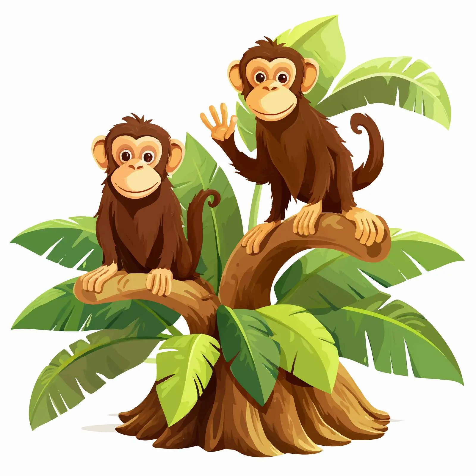 Two Monkeys by Banana Plant Vector Illustration – free funny monkeys image from Dotvec