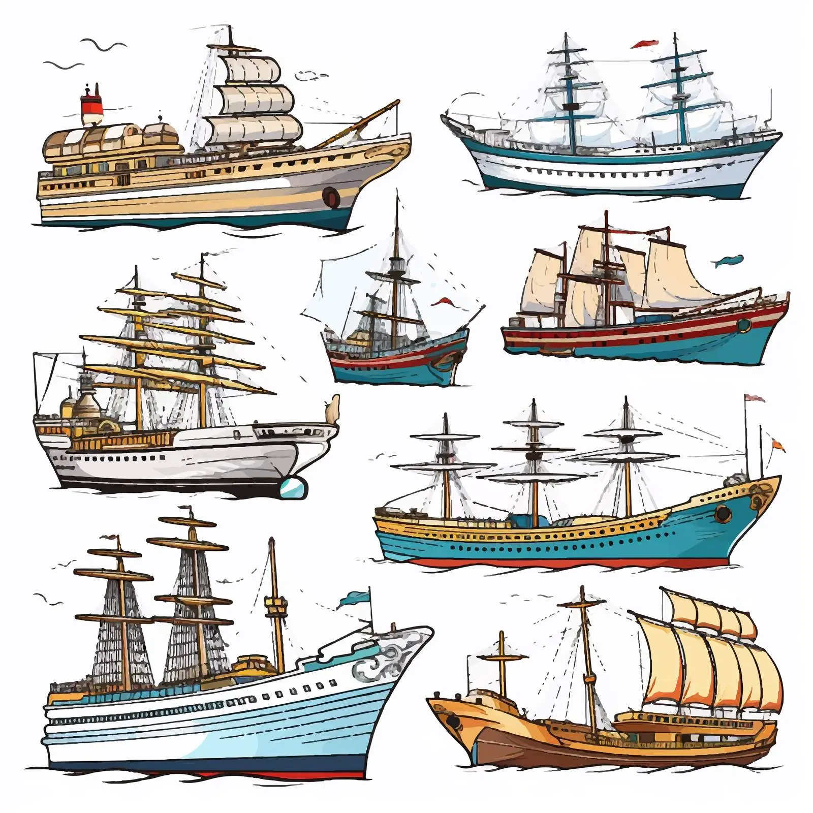 Various Ships Illustration on White Background – free nautical art image from Dotvec