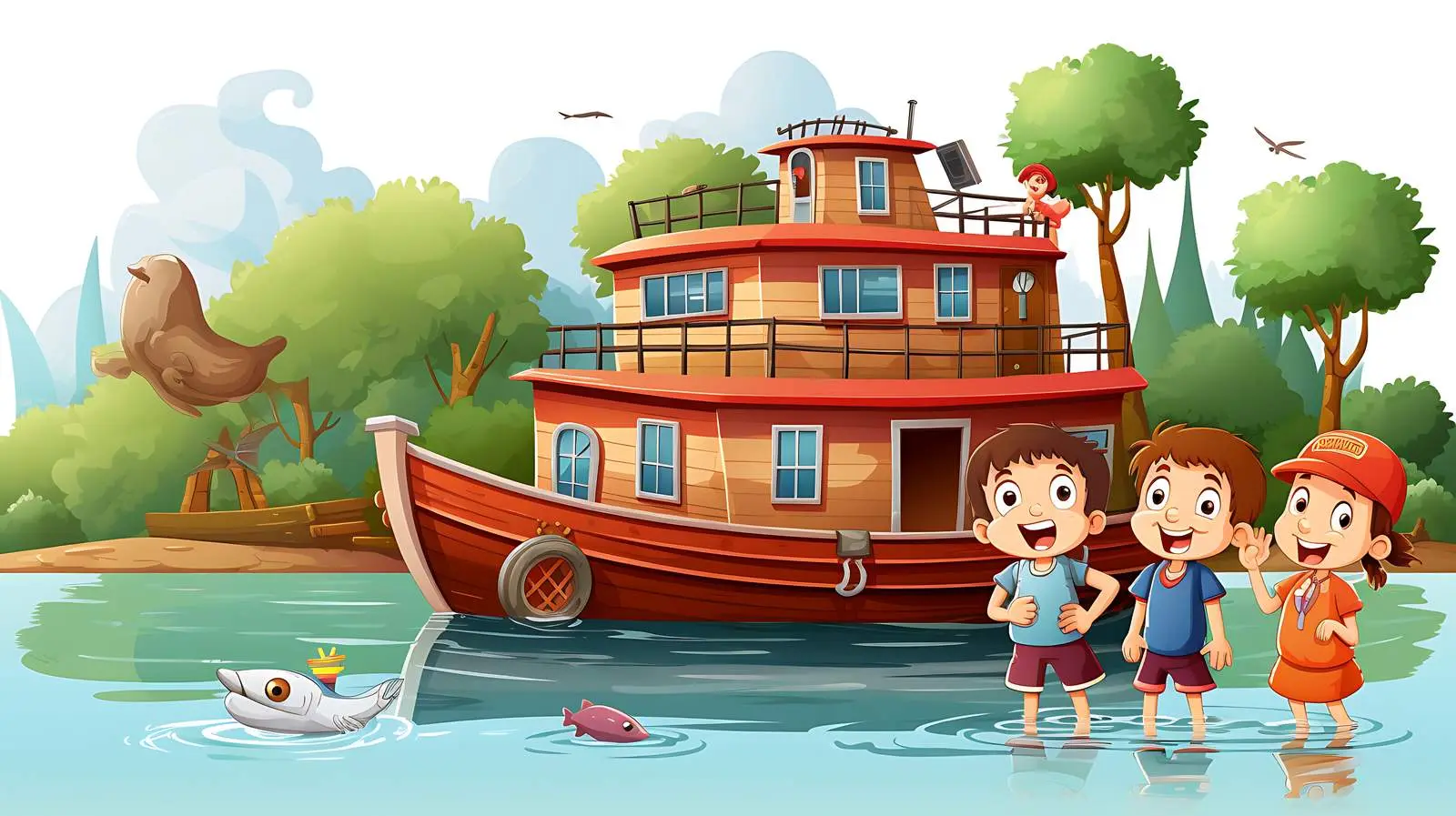 Kids Playing by Houseboat Illustration — free download from Dotvec