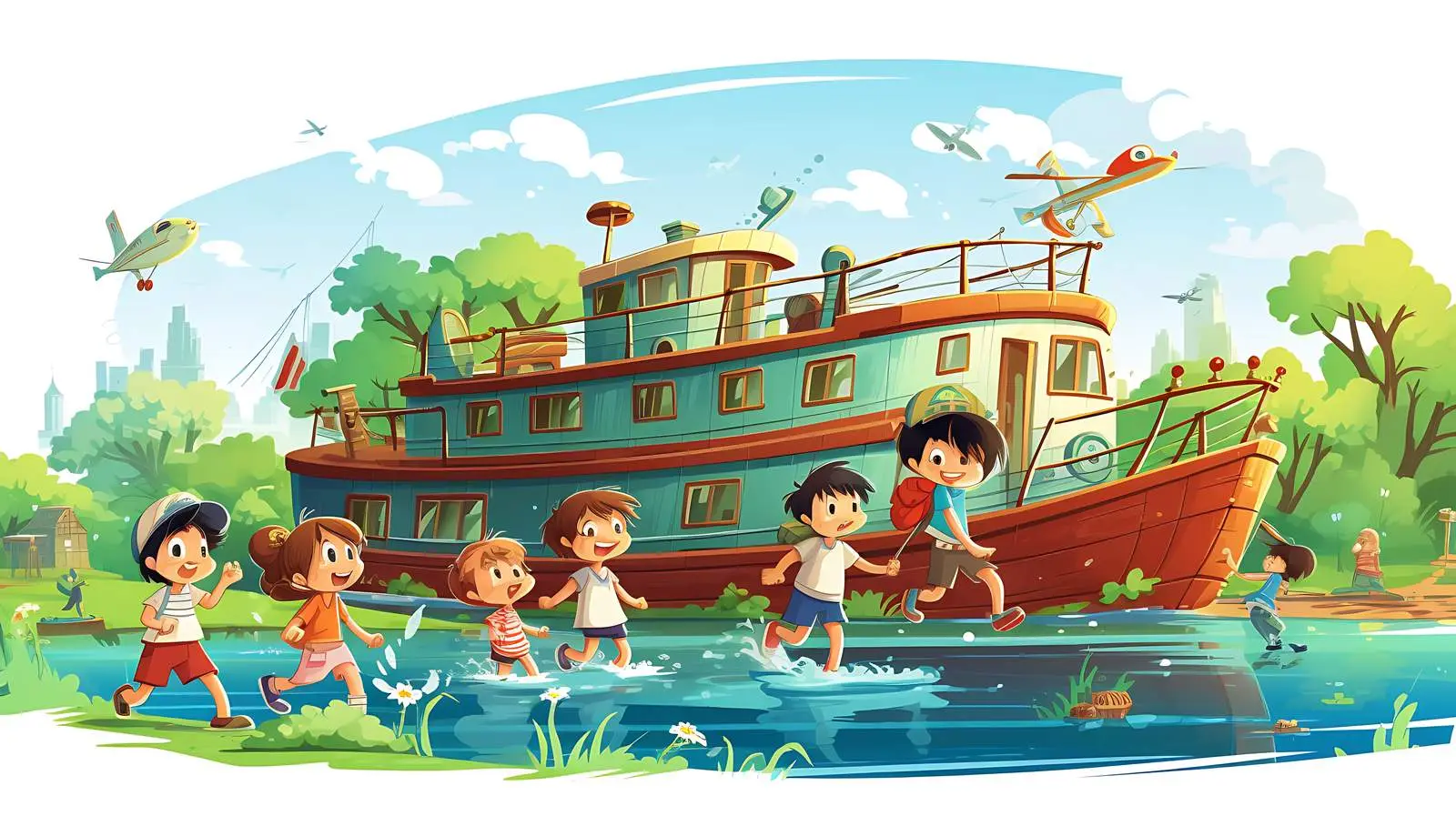 Children playing near houseboat — free download from Dotvec