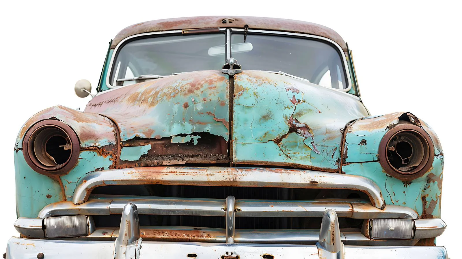 Beside an aged green car with damage – free worn image from Dotvec