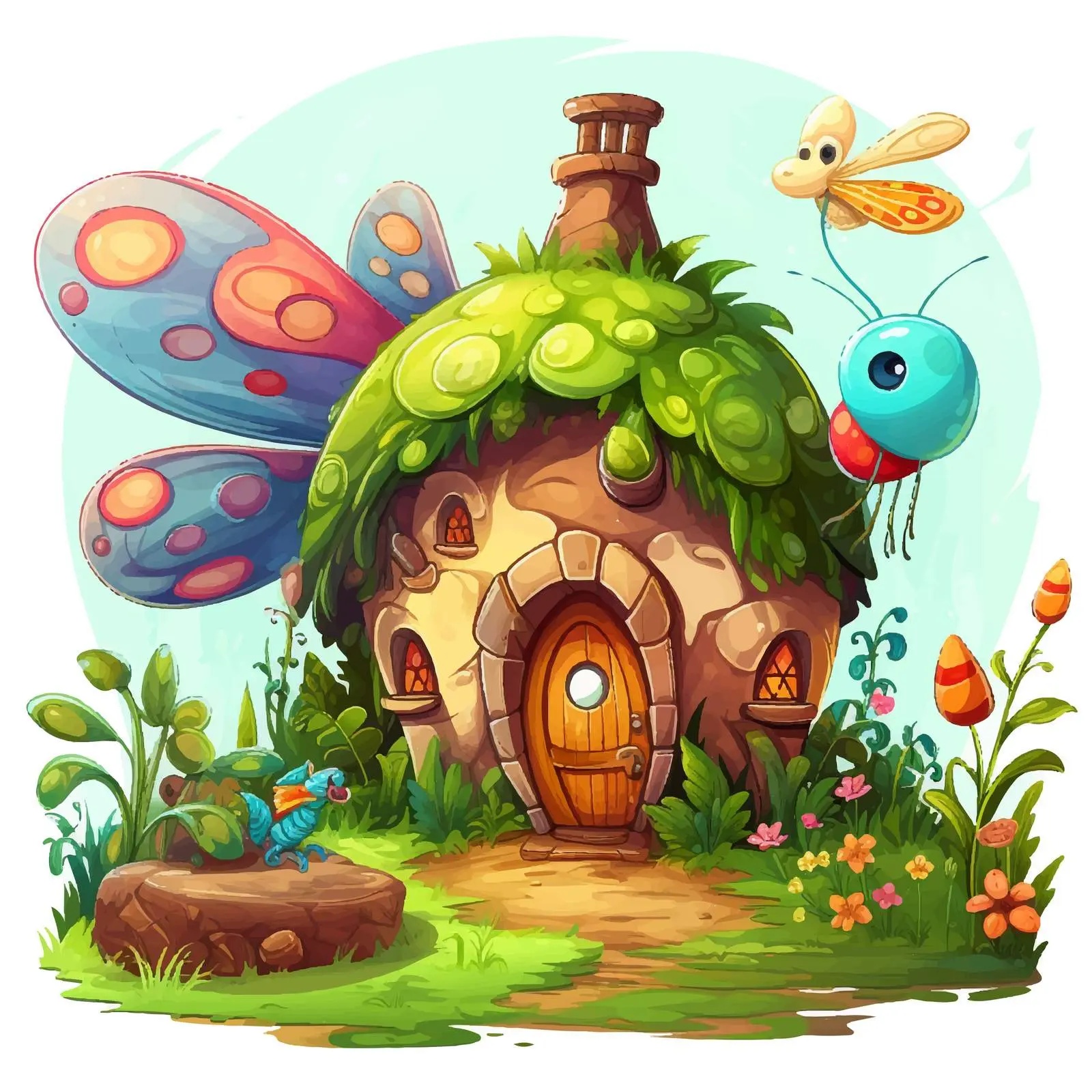 Insect Beside Enchanted House Vector Illustration — free download from Dotvec