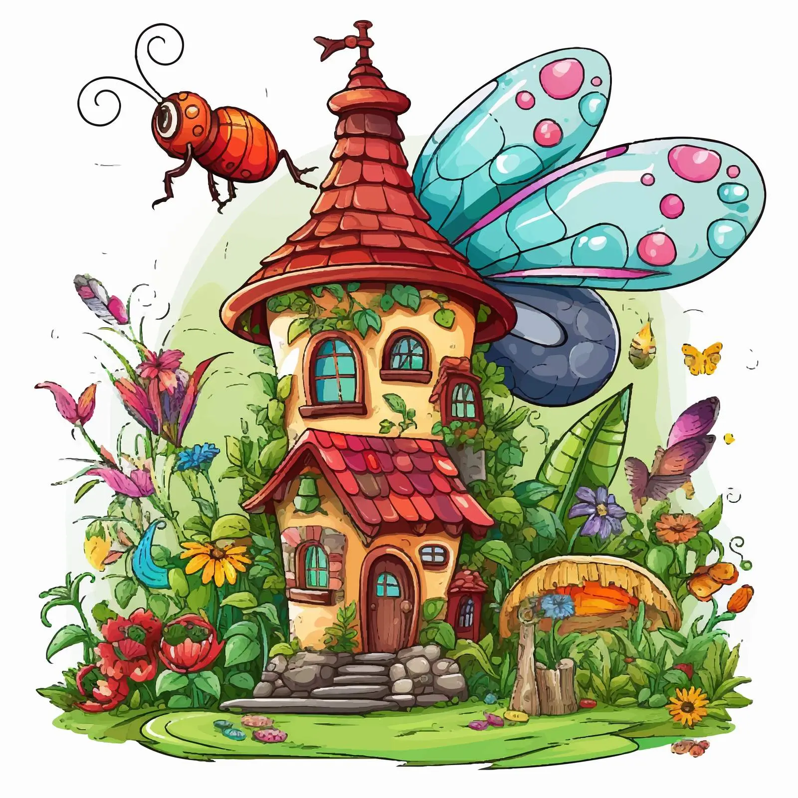 Insect Near Enchanted House Vector Illustration — free download from Dotvec