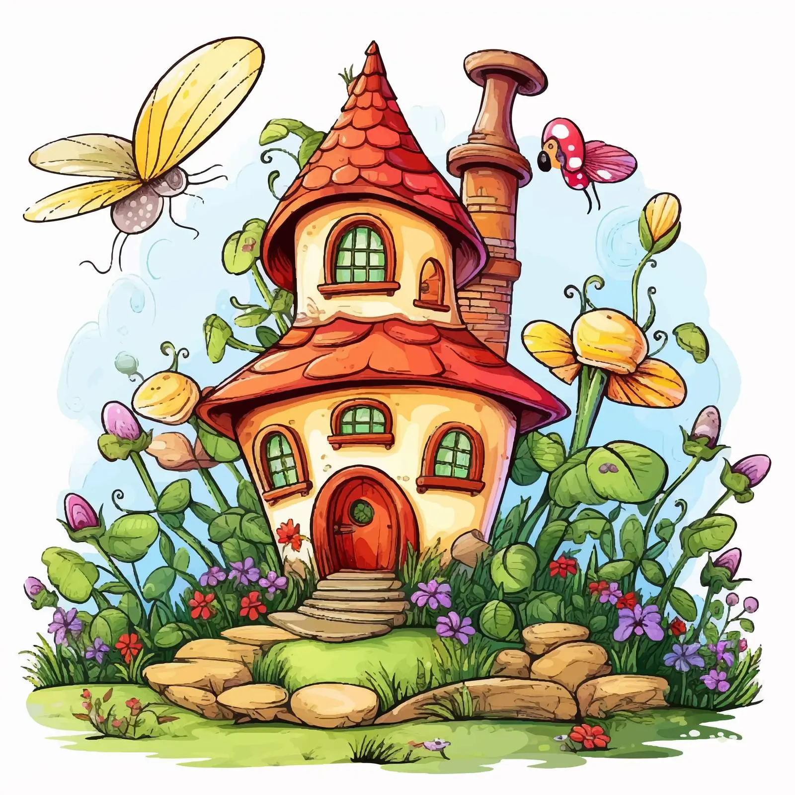 Insect Next to Enchanted House Illustration — free download from Dotvec