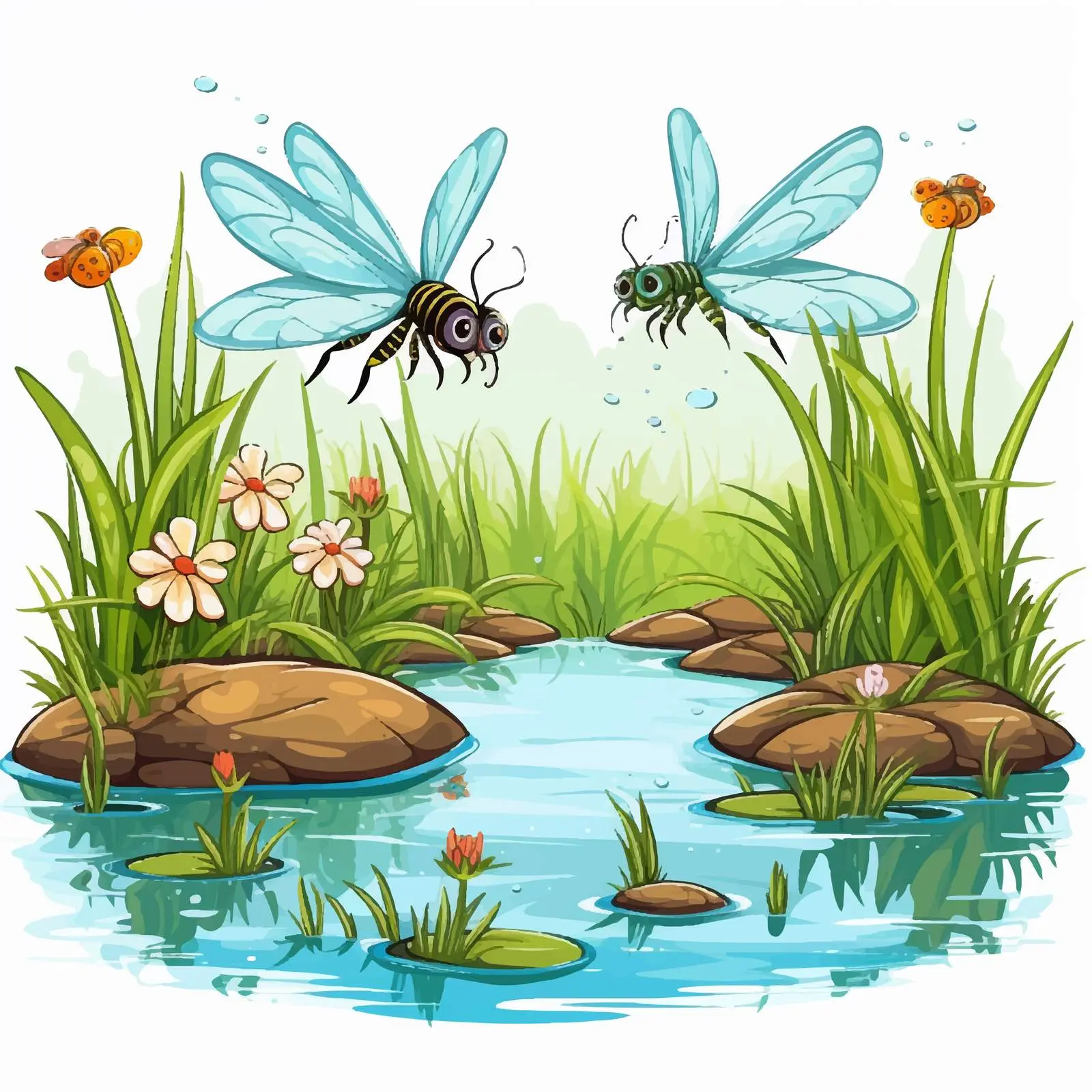 Insects Flying Around a Pond Illustration — free download from Dotvec